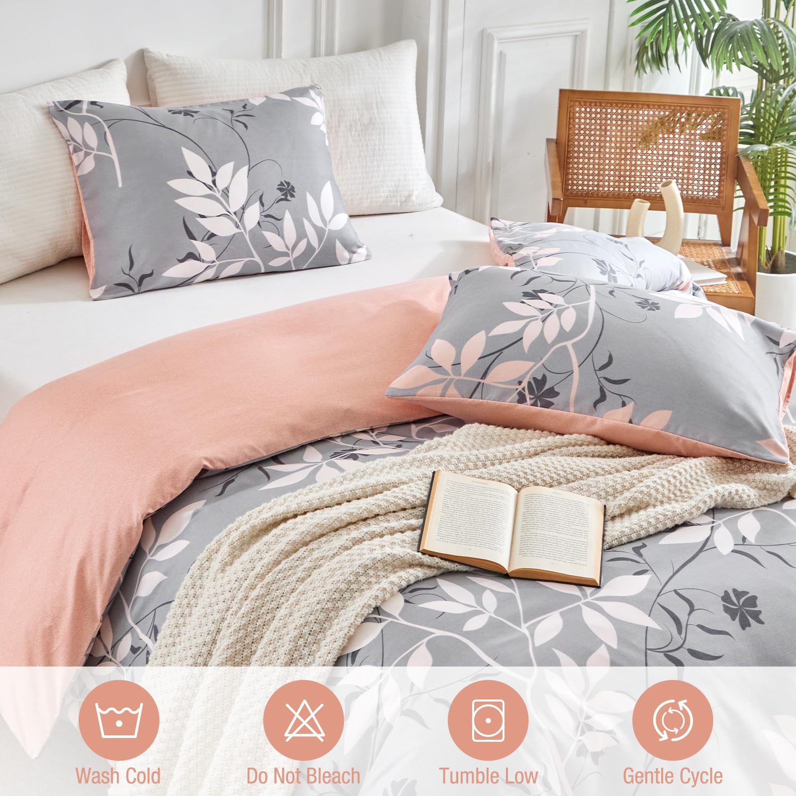 Parure De Lit 220x240 Tokokimo - Housse De Couette Microfibre Avec 2 Taies 65x65cm - Motif Branche Réversible