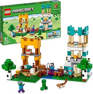LEGO 21249 Minecraft The Crafting Box 4.0, 2in1 Playset; Build River Towers or Cat Cottage, with Alex, Steve, Creeper and Zombie Mobs Figures, Action Toys for Kids, Boys, Girls