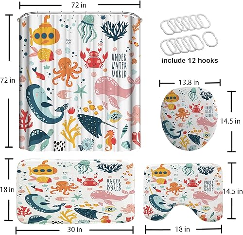 Miniatura 2 de Juego de 4 cortinas de ducha para niños con diseño de océano, con alfombras antideslizantes, linda decoración de baño de dibujos animados de