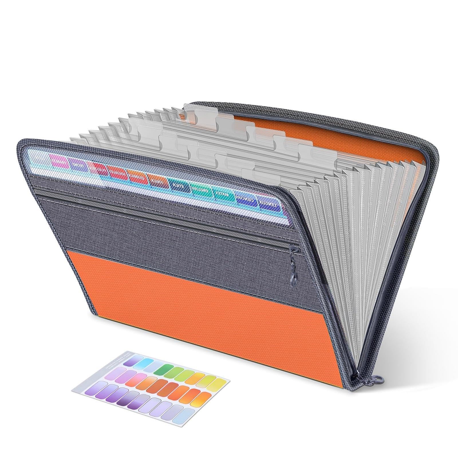 Expanding File Folder,Fun Storage Document Organiser Box Files,13 Pockets Zip Filing Folders,5 Colours,Accordian File Folder with Tabs,Expandable Documents Wallet Accordion File Organisers, Orange