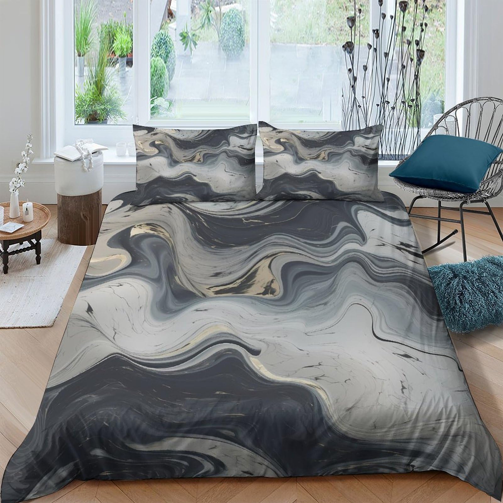 Ctjqhvkz Style-8 3D Printed Black Marble Fitted Sheet Microfiber Soft Anti-Slip Grey Abstract Mattress Cover For Bedroom Guestroom Decor Single（135X200cm）