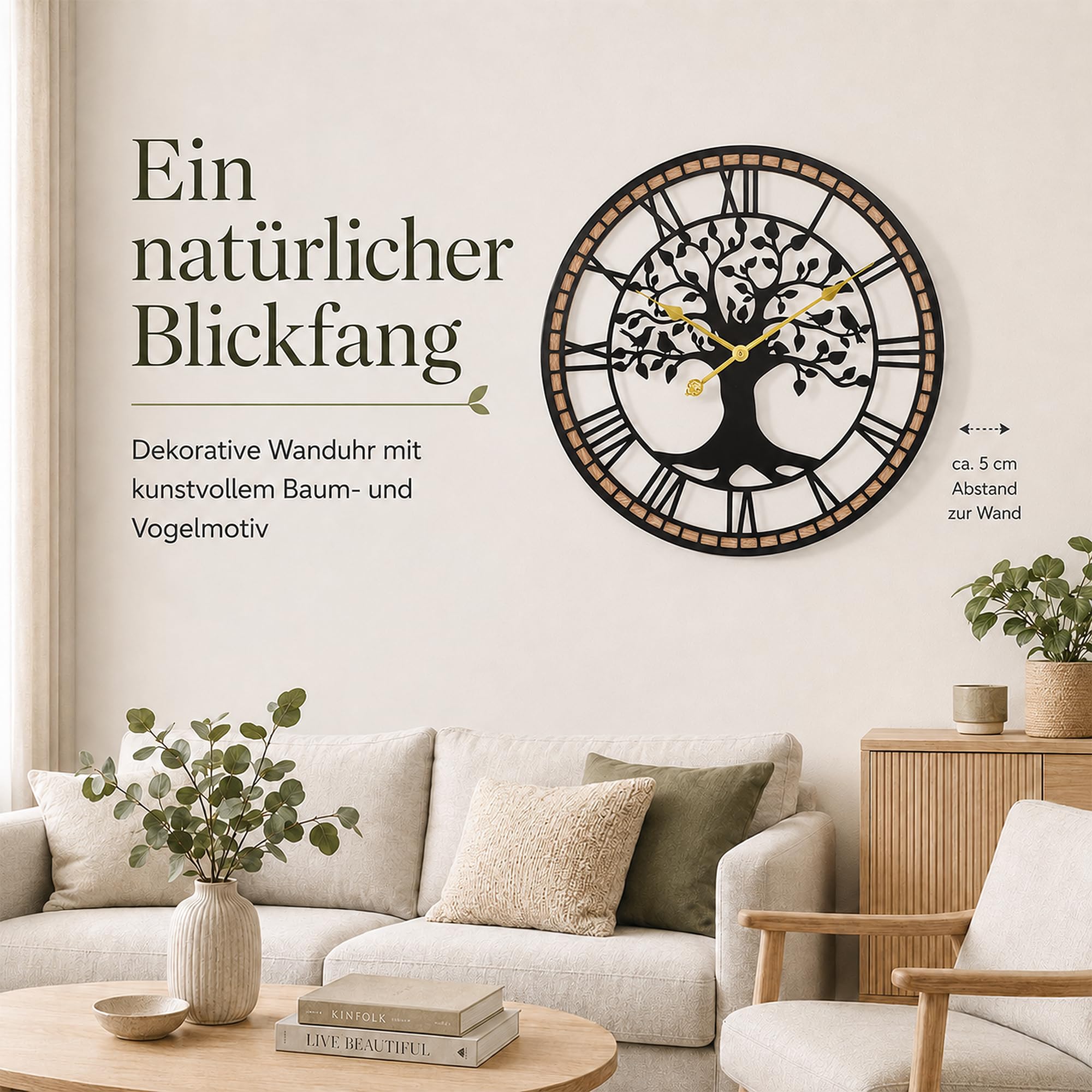 Wanduhr Groß,51/60/80CM Wanduhr Holz,Baum des Lebens und Holzrahmendesign,Stumm - Kein Tickendes Geräusch,für Esszimmer,Schlafzimmer,Küche,Büro,Wanduhr Wohnzimmer