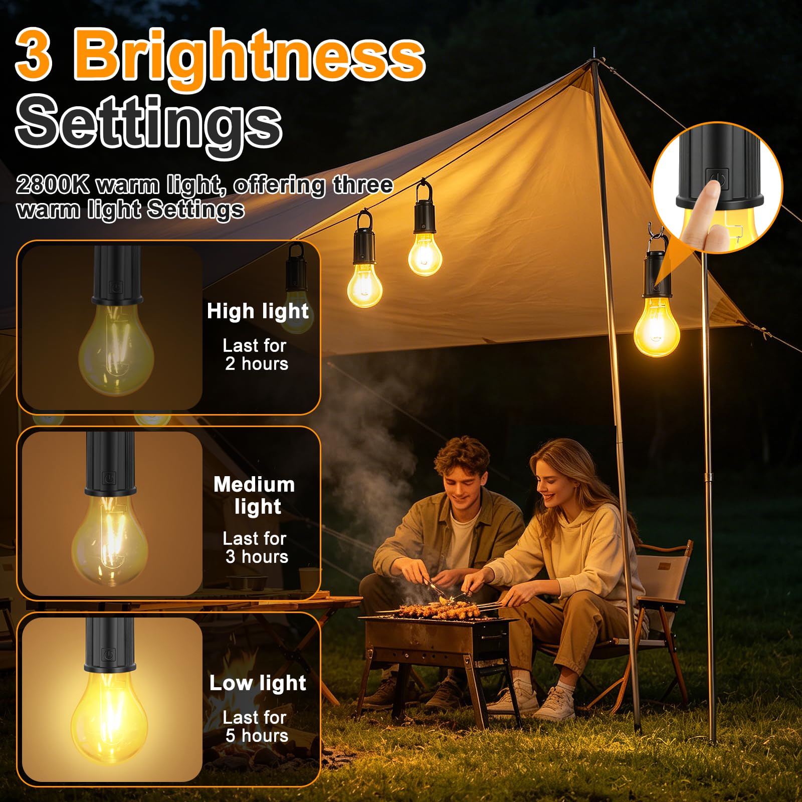 Campinglampe Aufladbar, 5 Stück Tragbare Camping Licht Glühbirne, 3 Helligkeitsmodi, Zeltlampe Glühbirne, Wasserdicht, USB-Ladung für Camping Abenteuer Angeln Garage Notfall Stromausfall