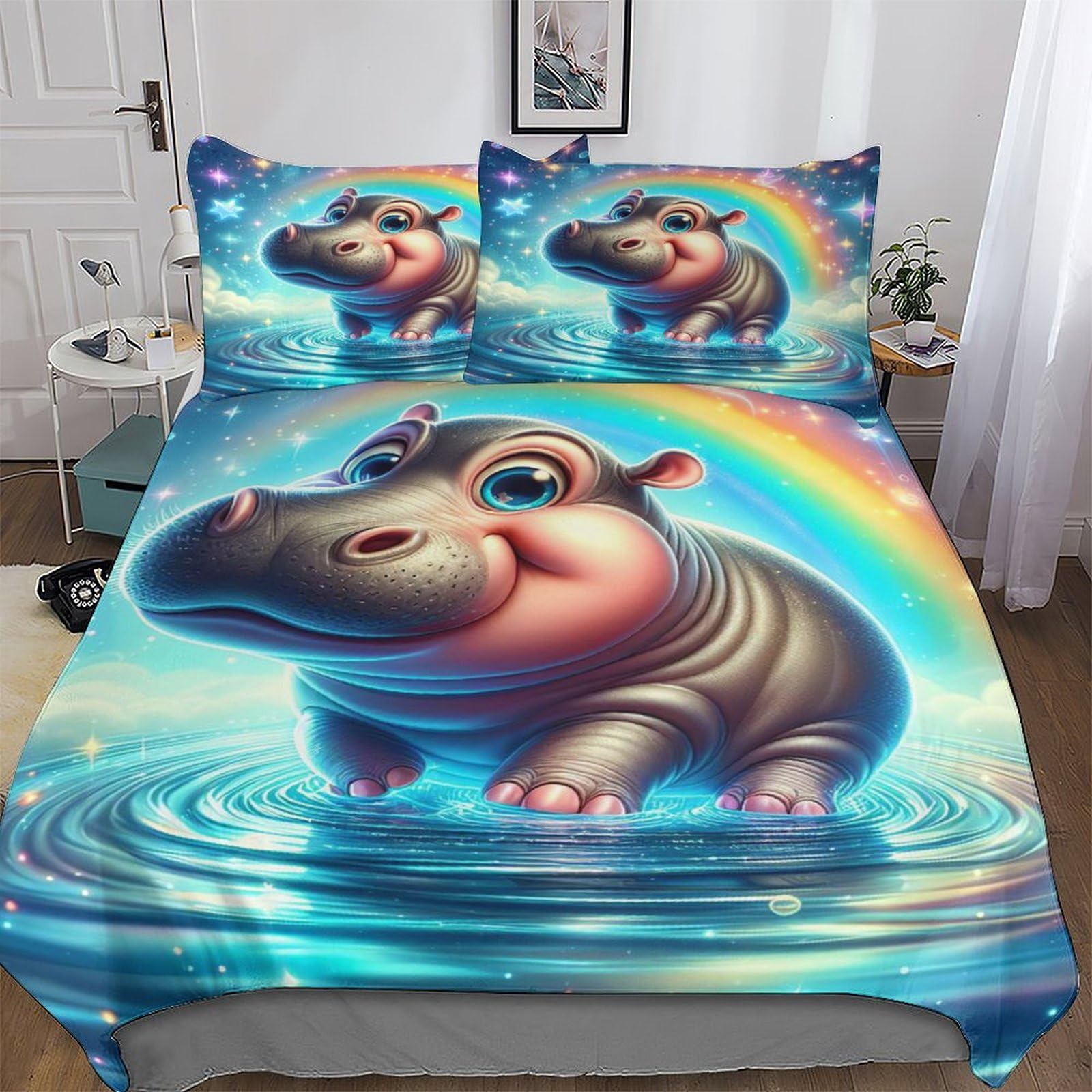 Ggjjtt Girls Animal Hippo-2 Animal Hippo Bedding Set Duvet Cover Soft Quilt Cover For Kids, Boys And Teens 2 Pieces With Pillowcase Cosy Bed Linen Single135x200cm