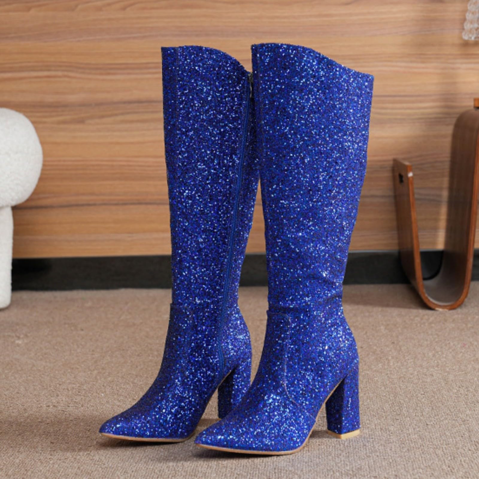 Nuovi Stivali Alti con Tacco Spesso Glitterati per La Primavera E L'Autunno, Lunghi Sexy Alto Grande Rotonda Polpaccio Donna Autunno Inverno Eleganti Medio Anfibi Scarponcini Trekking