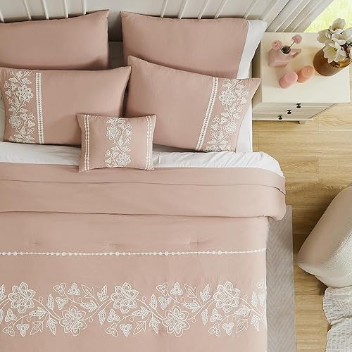 Miniatura 1 de MAIREVE - Juego de edredón rosa de 7 piezas con almohada decorativa, juego de edredón bordado floral tamaño King, cama para todas las estaciones en