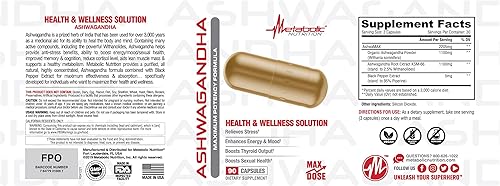 Miniatura 3 de Metabolic Nutrition Ashwagandha 2200 mg hecho con polvo de Ashwagandha orgánico y extracto de pimienta negra, 90 cápsulas veganas