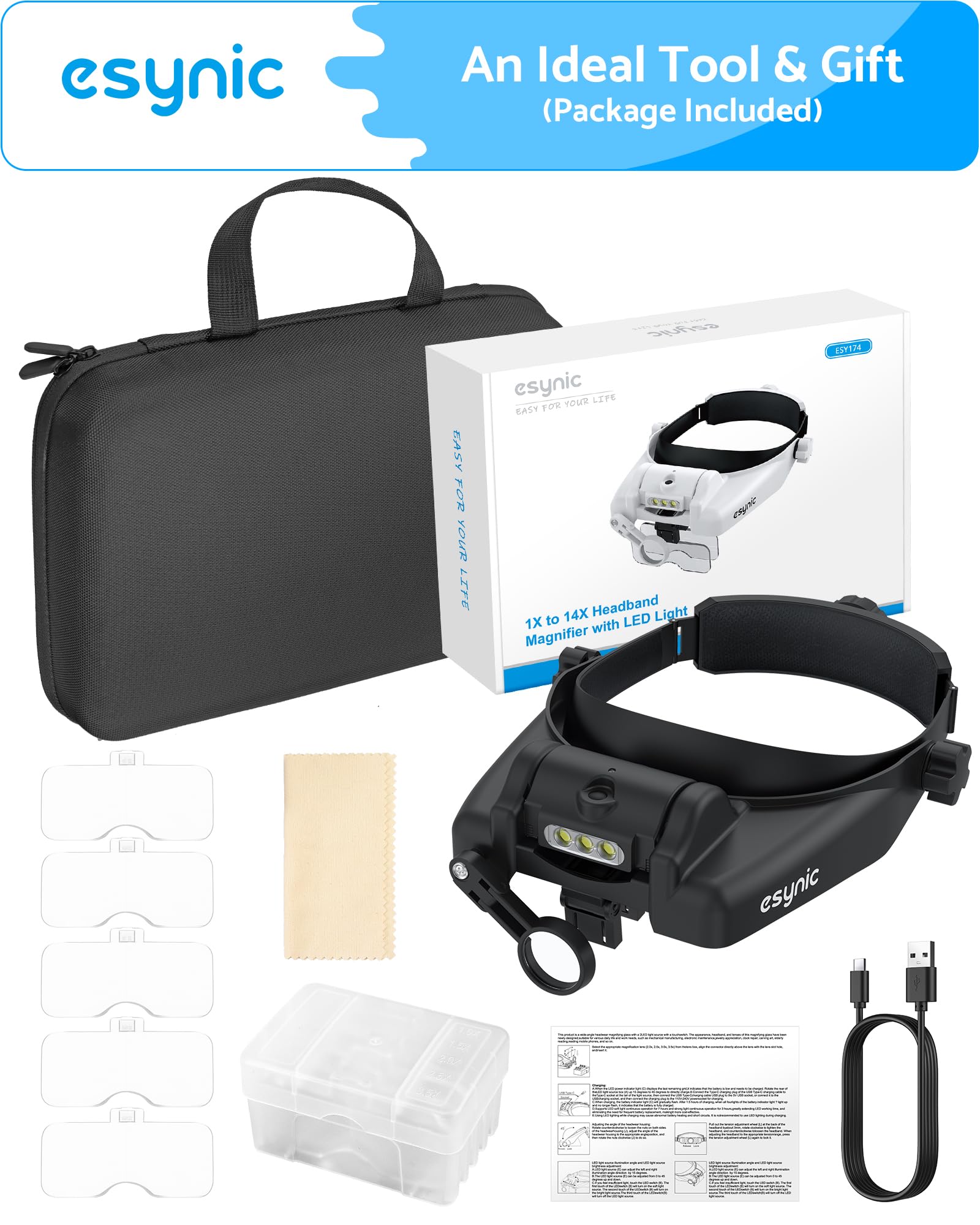 eSynic 1X-14X Loupe Frontale avec Sac de Rangement Lunette Grossissante 5 Verres Amovibles 1,0X 1,5X 2,0X 2,5X 3,5X avec Lampe LED Réglable Loupe Serre-tête pour Travaux Lecture Bijoux Réparation