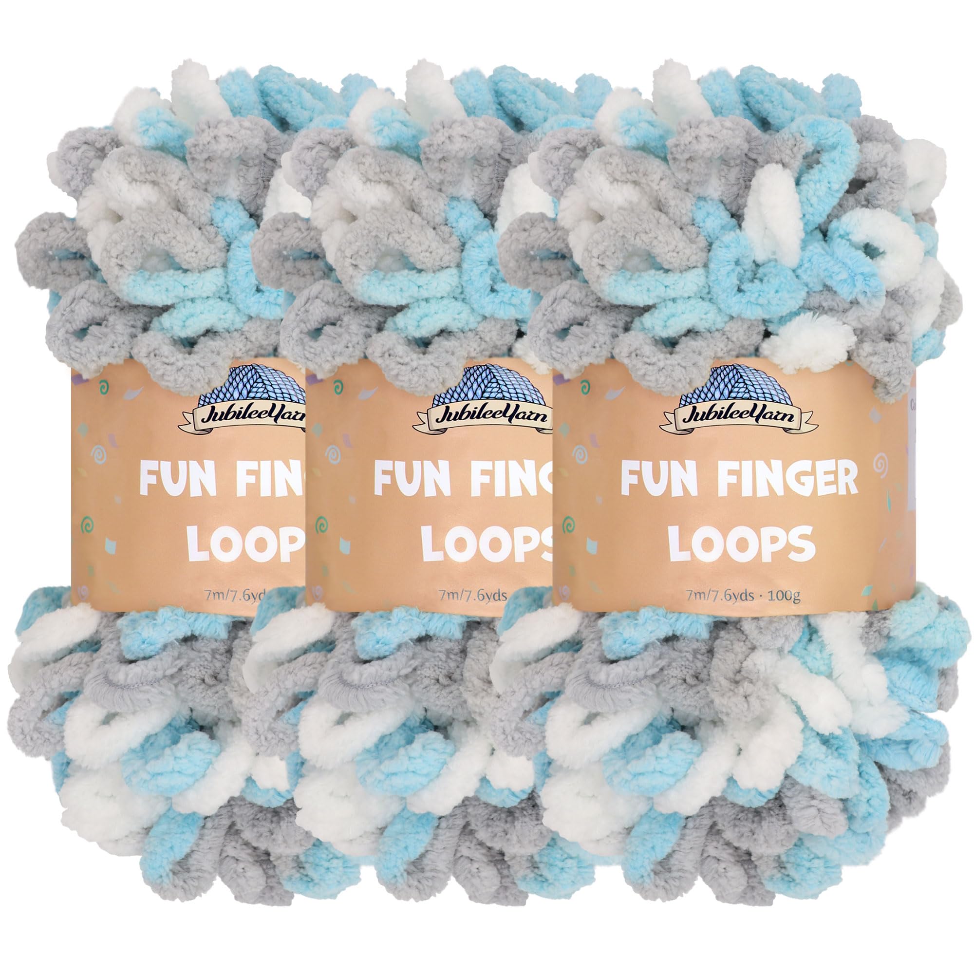 JubileeYarn Fun Finger Loops Yarn - Polyester Jumbo Weight Loop Yarn - 100g/Skein - Blue Grey White - 3 Skeins — image 1