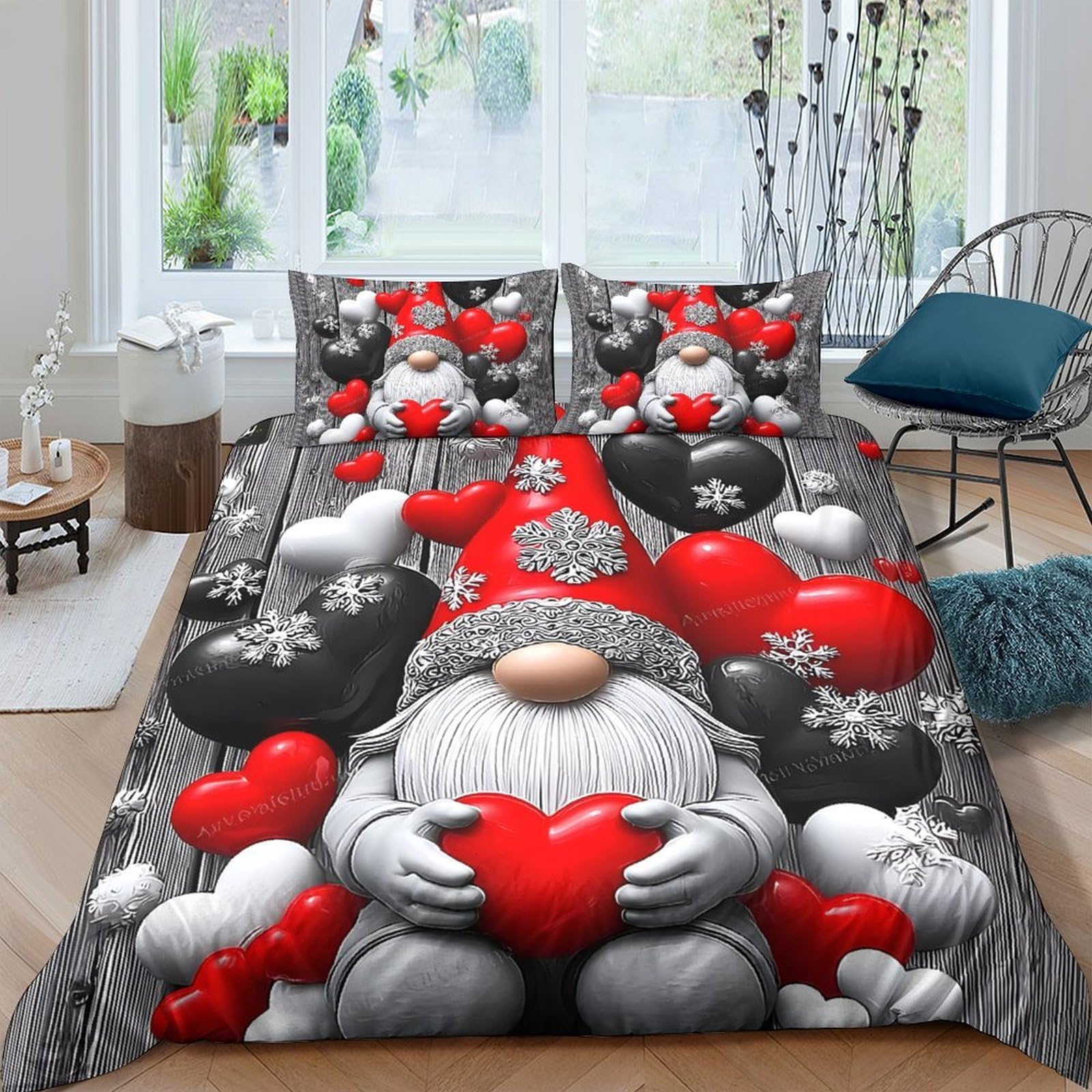 Ctjqhvkz Style-3 3D Printed Gnome Heart Fitted Sheet Microfiber Red Grey Cartoon Mattress Cover For Bedroom Dorm Easy Care Single（135X200cm）