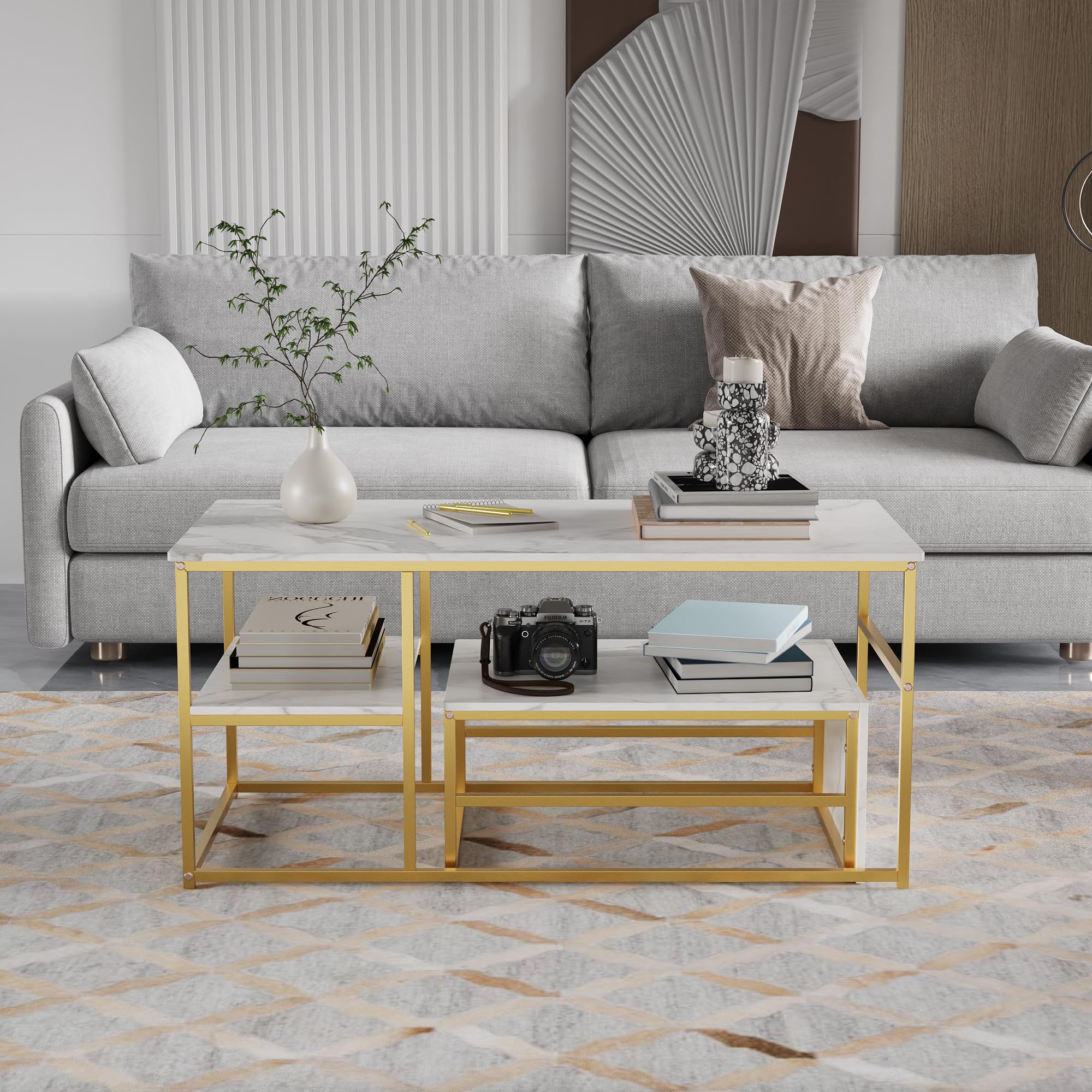 Juego de 2 Mesas de Salón Rectángulo: Mesa Centro + Auxiliar - Mesa de Café Anidables con Estructura Metal para Sala de Estar,Modernas,Blanco Dorado