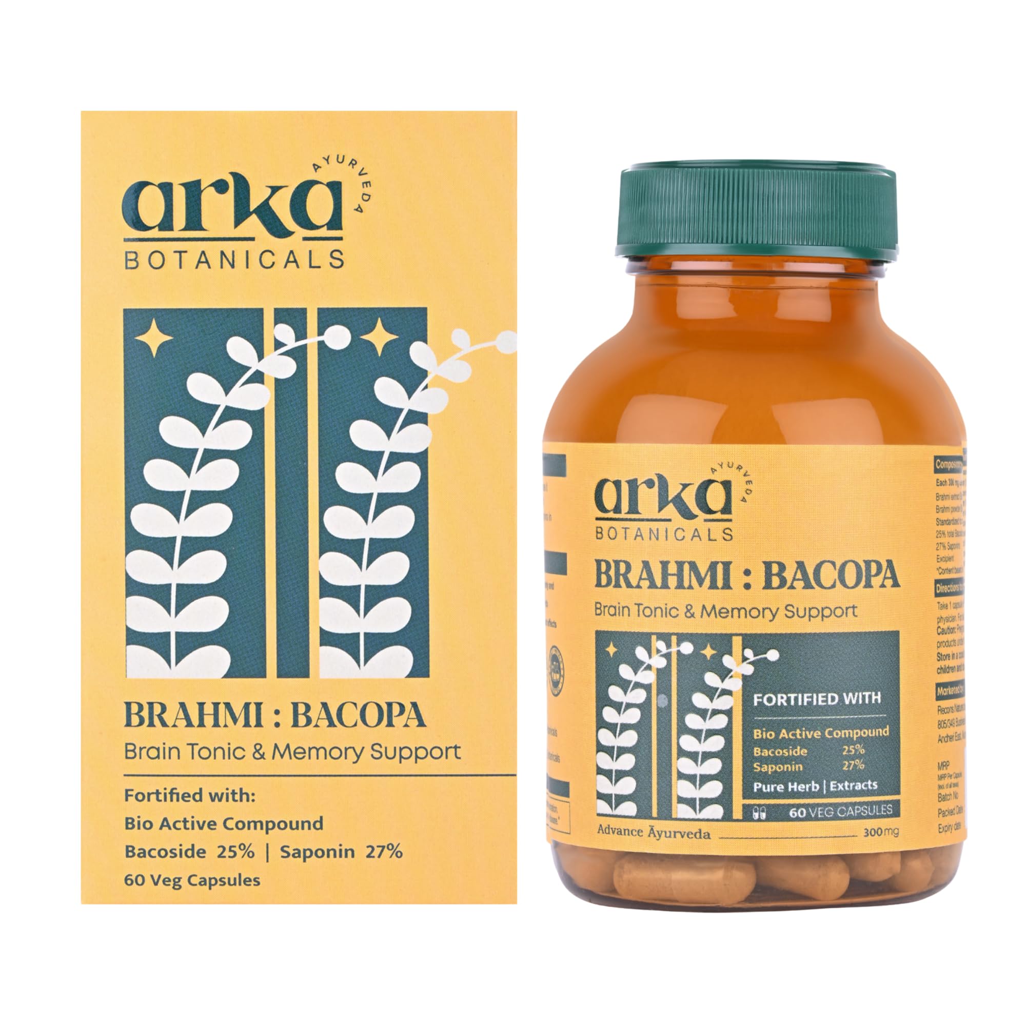 Brahmi - Bacopa 60 Veg Capsules | Natural Memory & Focus Support | Ayurvedic Herbal Supplement for Mind Wellness & Alertness | Brain Health & Learning Aid | Pure Herbs Formula