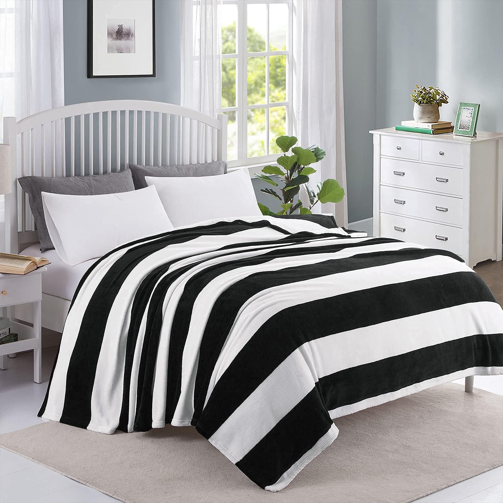 Large Flannel Fleece Plush Blanket Queen Size(90"x90") - Black and White Stripe Lightweight Bed Blanket - Super Soft Cozy Microfiber Blanket for Chair, Sofa, Couch, Bed, Camping, Travel