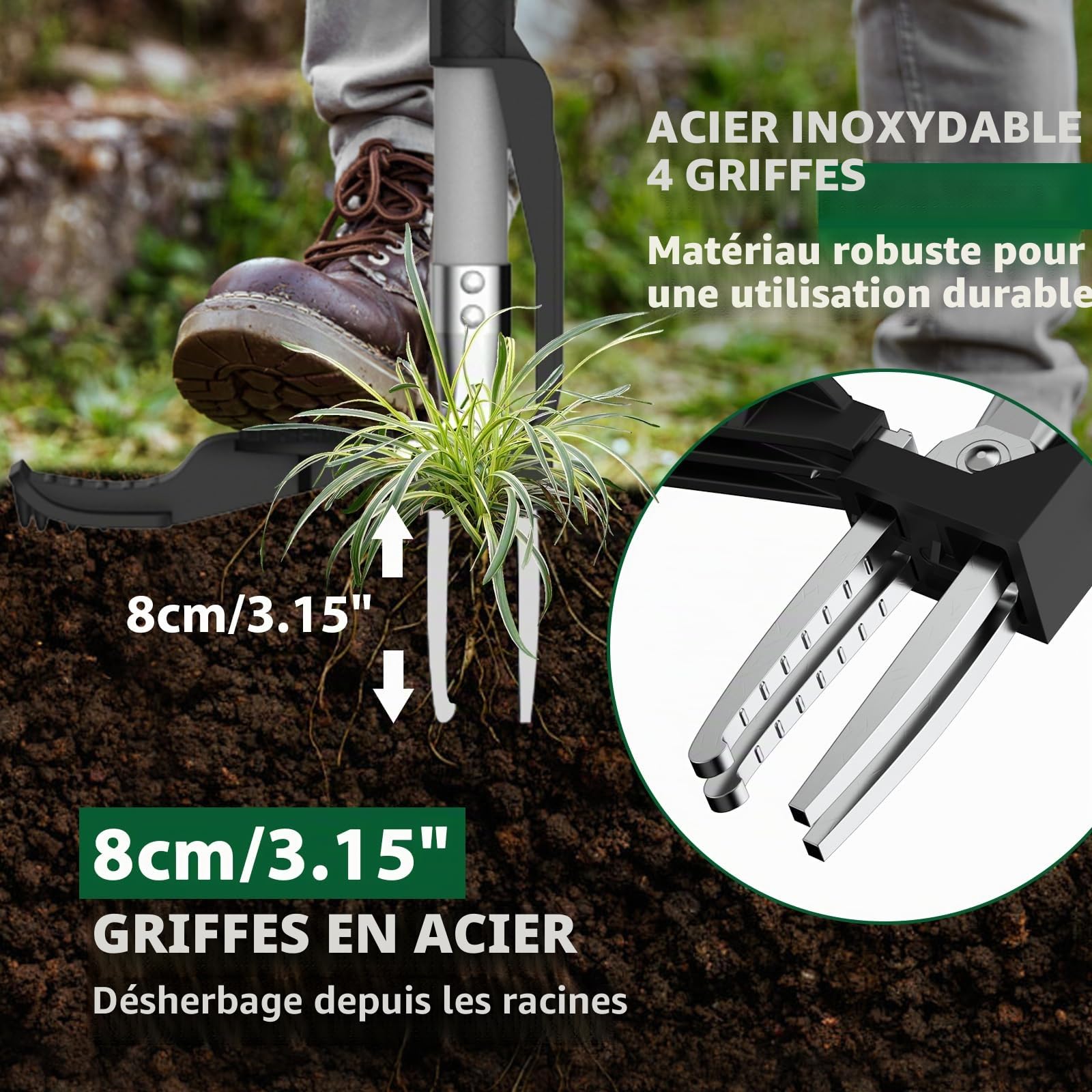 Desherbeur Manuel, Outil Desherbage Mauvaise Herbe pour Le Jardin avec 4 Griffes, Désherbeurs Manuels Debout, Outil de Désherbage à Long Manche Sans se Pencher ou S'agenouiller