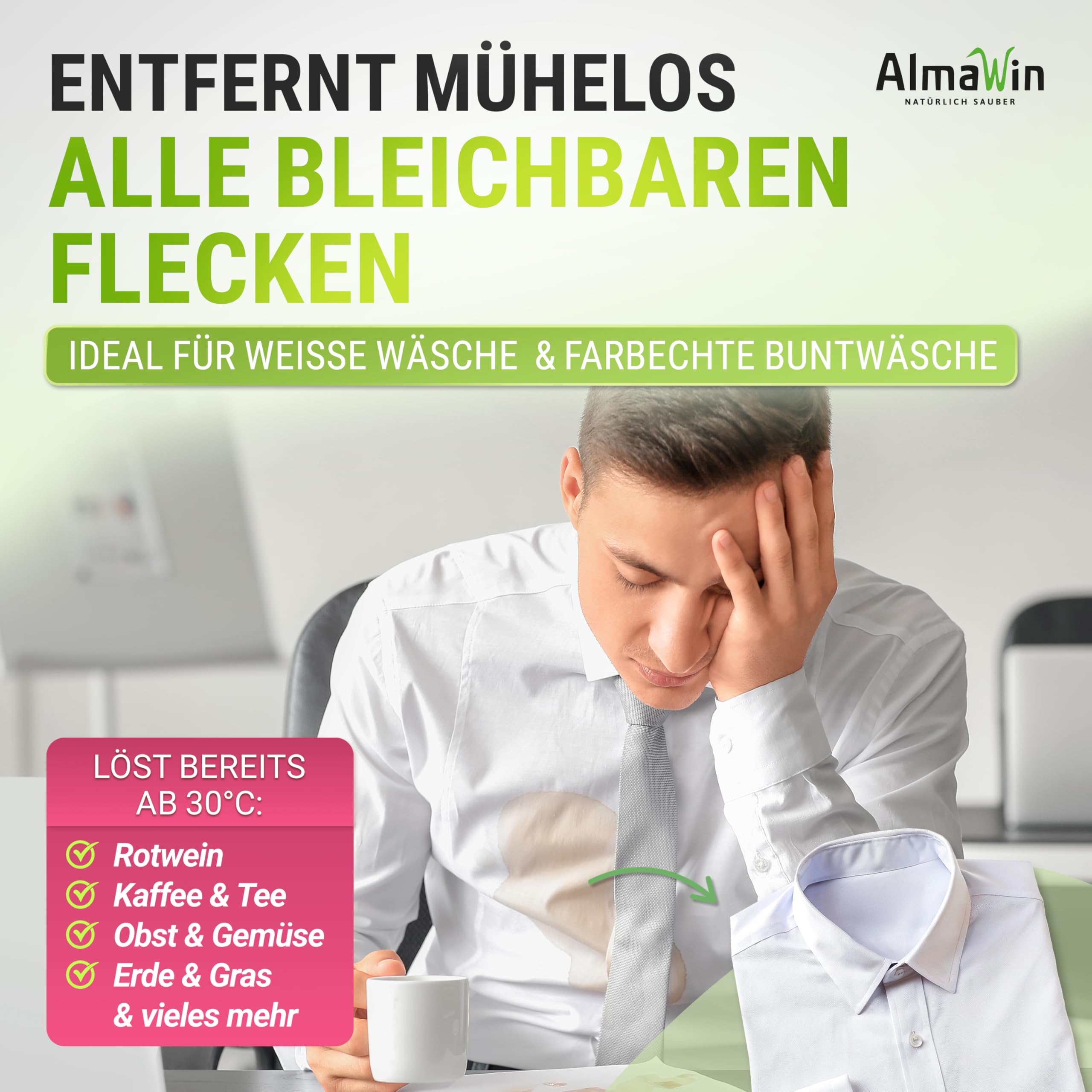 AlmaWin® Sauerstoffbleiche Pulver [2,5kg] für strahlend weiße Wäsche ab 30°C, gegen Gerüche & Verfärbungen - Aktivsauerstoff Bleichmittel für Abfluss, Spül- & Waschmaschine
