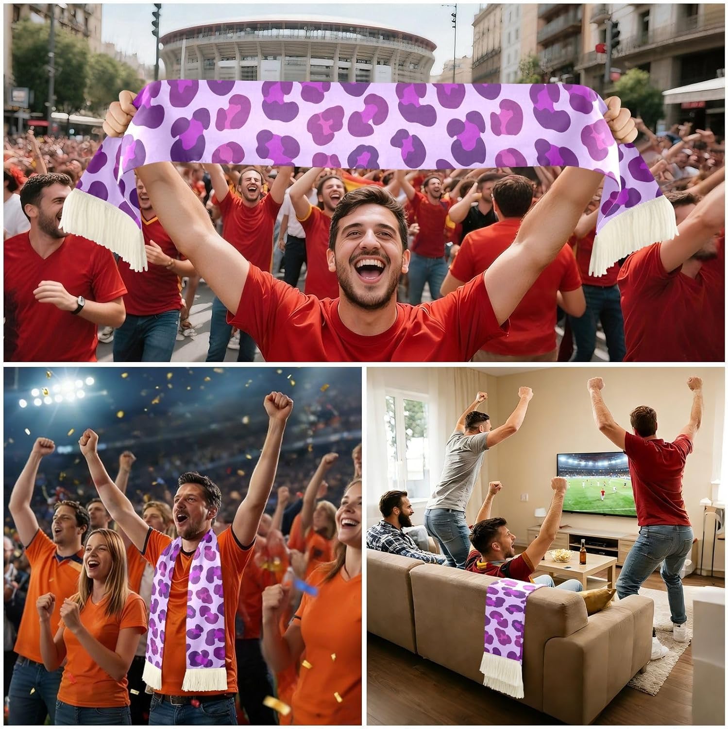 CHIFIGNO Purple Leopard Sports Fan Scarf with Fringe Ends, Soft Polyester Sweat Towel for Soccer Games, Quick Dry Cheering Banner Wrap