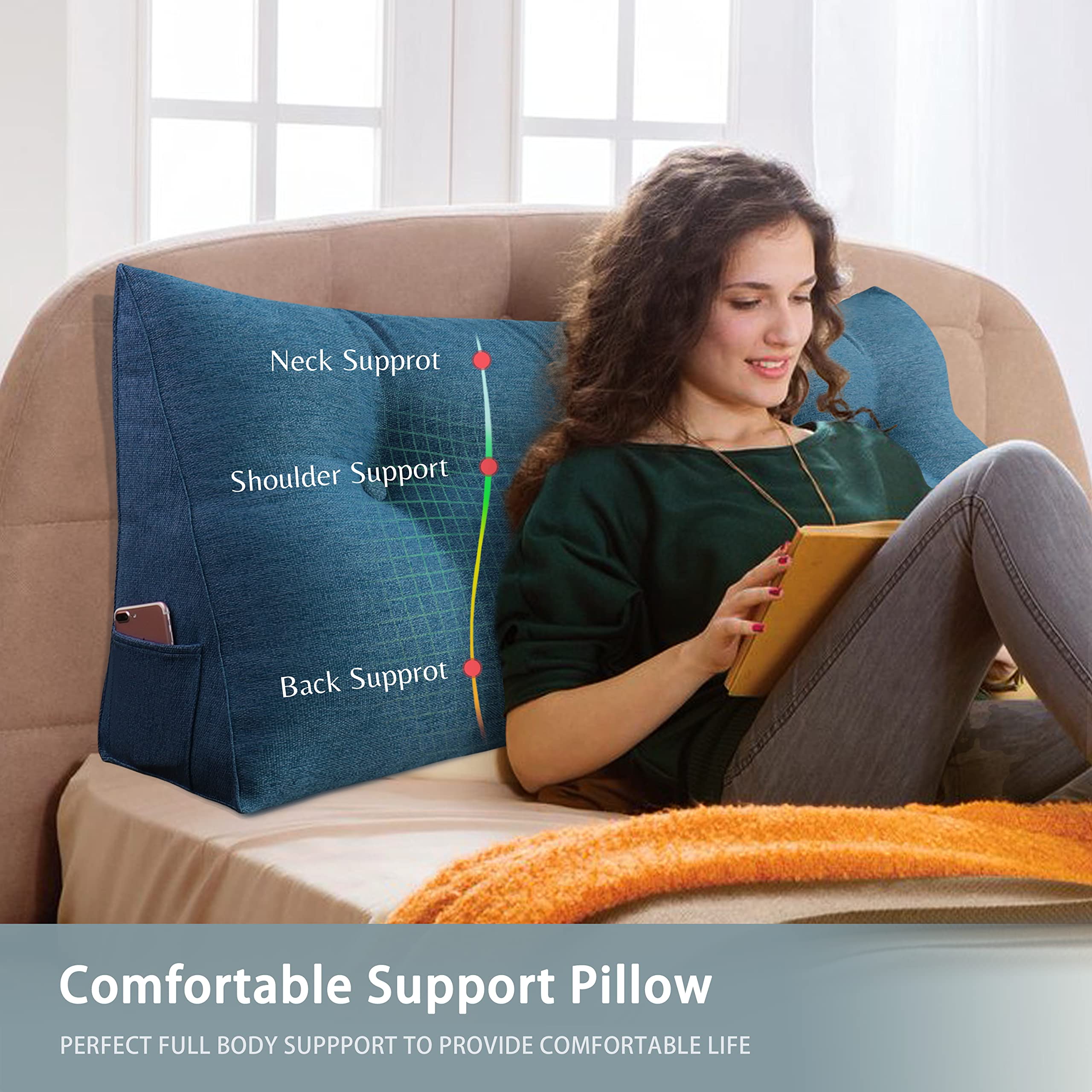 VERCART Triangular Headboard Wedge Pillow Daybed Pillows Bed Headboard Pillow Wedge Bed Rest Reading Pillow Gap Filler Triangle Back Cushion Lumbar Positioning Upholstered Linen Blue King