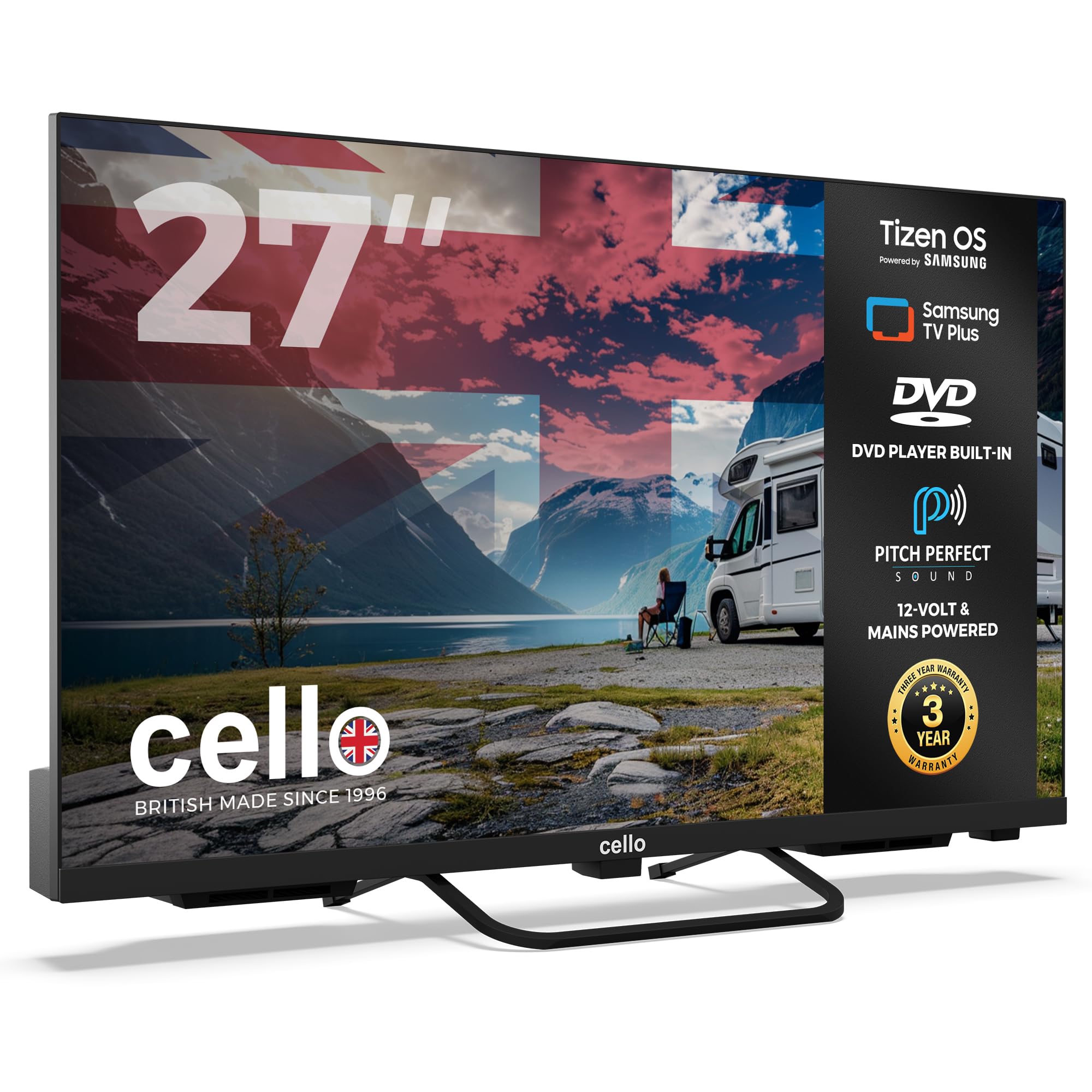 Cello Ctrav-27TZF TV/DVD Smart 27" 12V con Tizen OS di Samsung, altoparlanti Pitch Perfect, Bluetooth, HDMI, USB, prodotto nel Regno Unito, ideale per camper e barche.