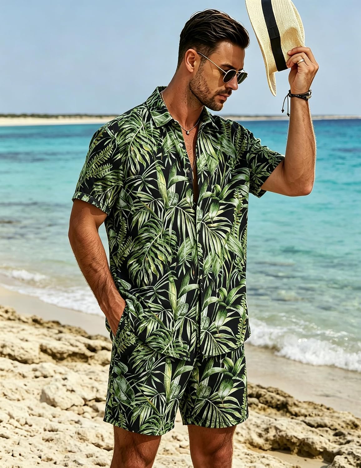 MioRoim Mens Shorts Sets 2 Piece Outfits Summer Beach Hawaiian Matching Set | Classic Tropical Print 2 Piece Outfits, Casual Short Sleeve Button Shirt with Loose Beach Shorts
