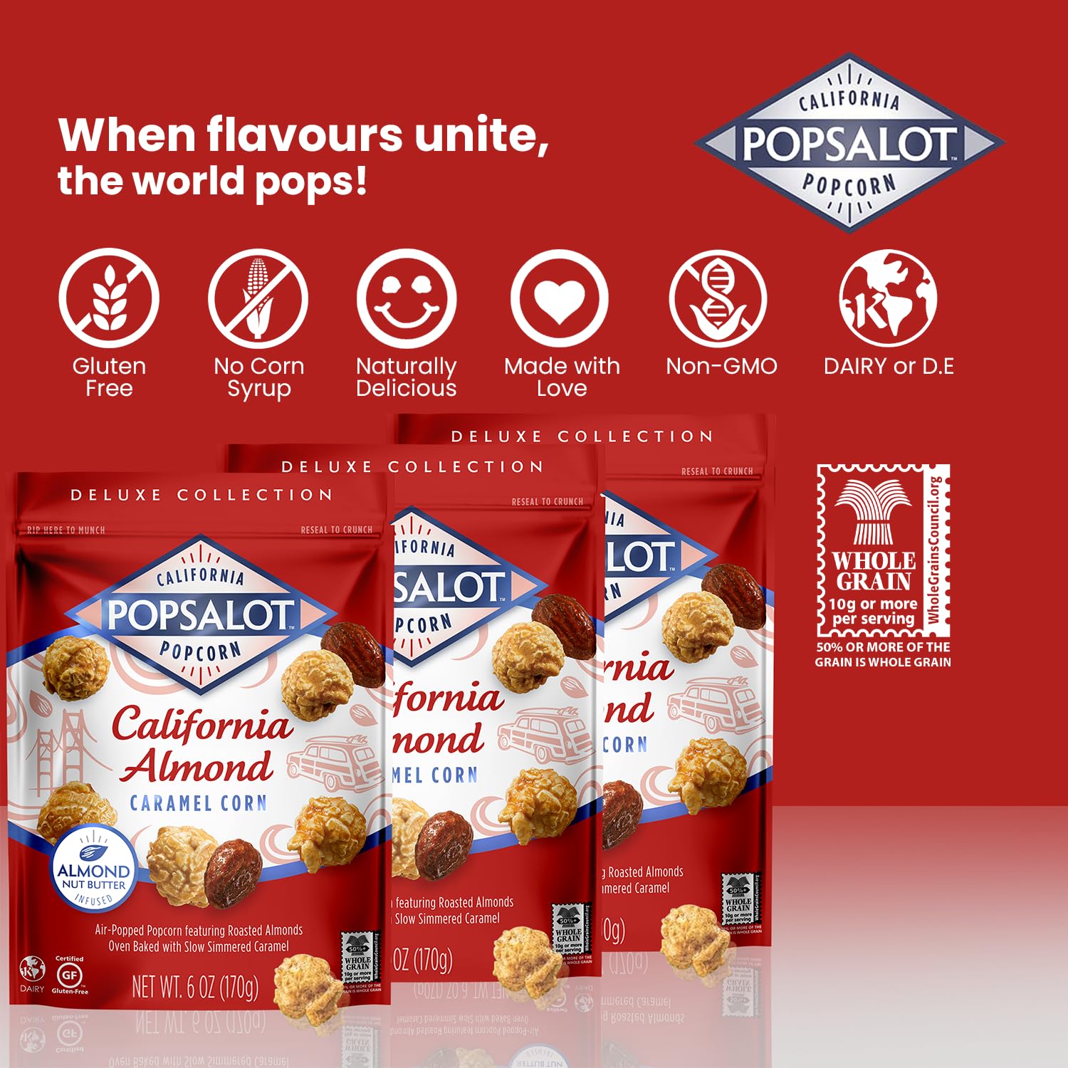 Popsalot-Gourmet Popcorn | Oven-Baked | Gluten-Free | Air-Popped | Flavored Popcorn Gourmet | Popcorn Snack Packs | Pop-Corn Snack Ready to Eat in Every Movement | Popsalot's Popcorn Deluxe Collection (Pack of 6, California Almond Caramel)