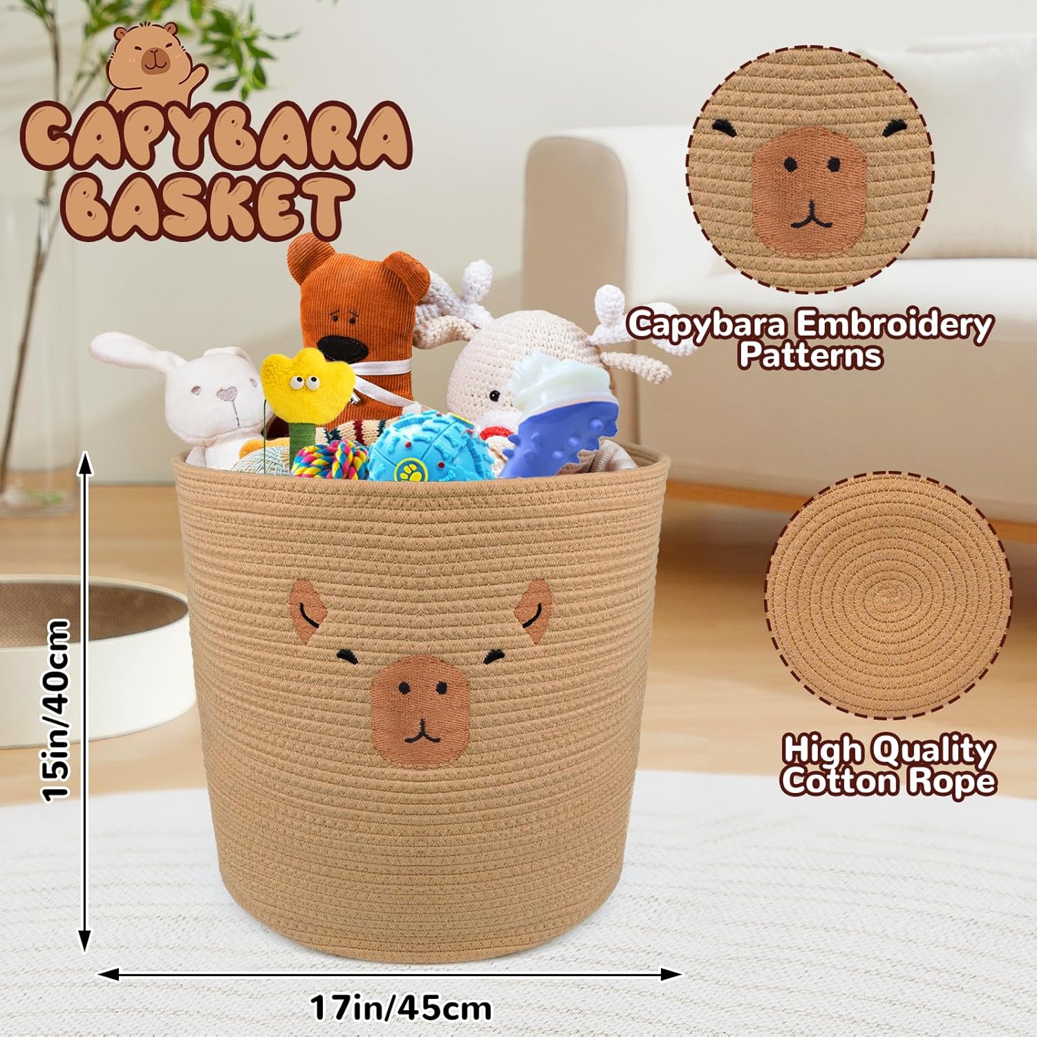 Capybara Baby Baskets, Round Cotton Rope Storage 17"×15", Knitted Toy Storage, Animal Baby Laundry Nursery Basket Storage Box, Holds Gift Plants Cat & Dog Toys Cow Basket - Image 3