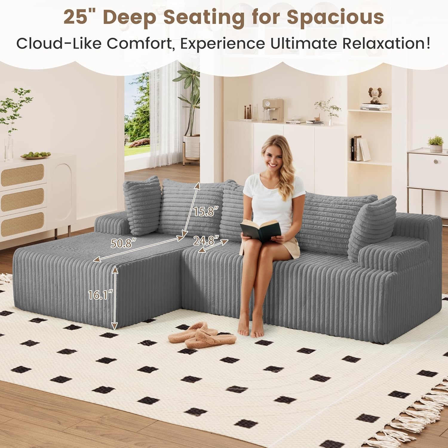Boneless Couch, Upholstered Cloud Couch Sectional with L Shape Chaise, Fluffy Comfy Cloud Sofa with Deep Seat & Throw Pillows, Boneless Couches for Living Room, No Assembly Required, Grey