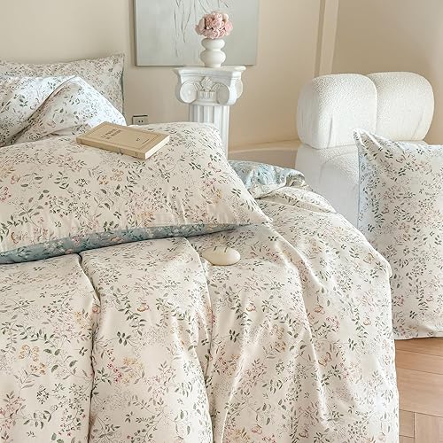 Miniatura 5 de EAVD Juego de funda de edredón con volantes florales de jardín de estilo francés, tamaño individual, suave, 100% algodón, color rosa, floral, con 2