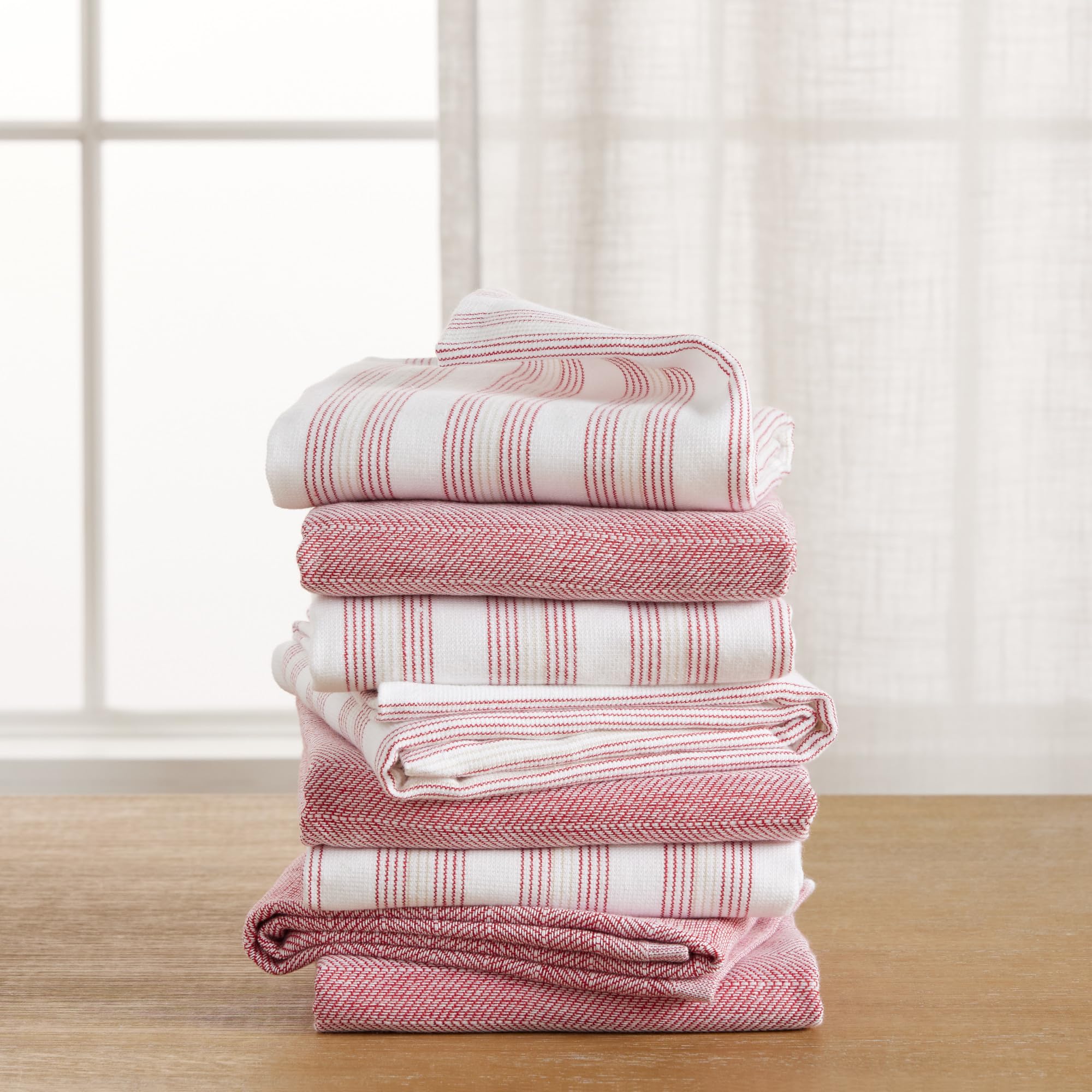 KitchenAid Lot de 8 torchons de Cuisine en Chambray à Rayures, absorbants, 100% Coton tissé, Rouge Passion, Blanc, 43,2 x 71,1 cm
