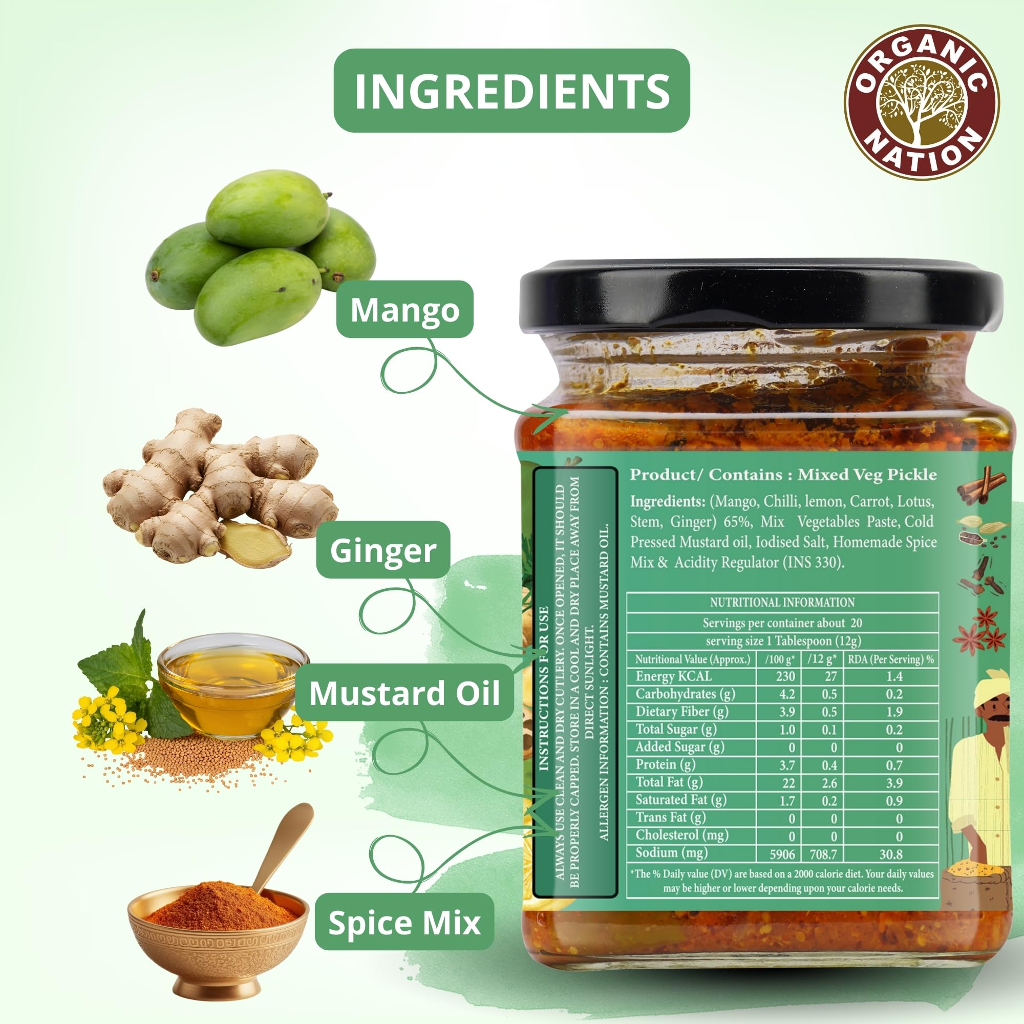 ORGANIC NATION Deliciously Tangy Mixed Pickle | Pickles with Fresh Ingredients | Authentic Mixed Vegetable Pickle | Traditional Indian Achaar| No Preservatives | 250g Jar | Vibrant Green 3
