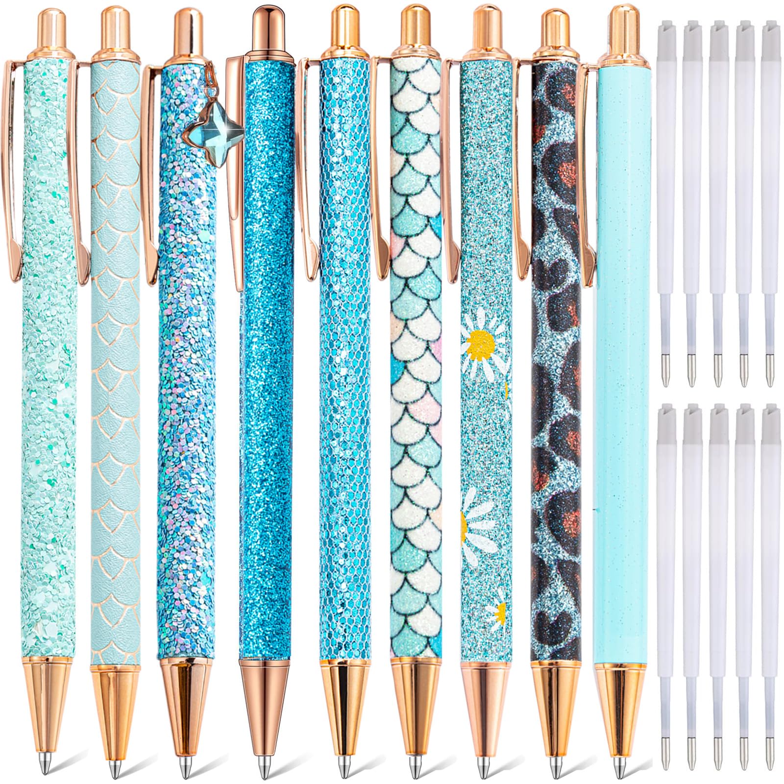 mumrap 9 Pcs Sparkly Pens for Women Fancy Pens with 10 Pcs Black Ink Refills Glitter Pretty pen sets for Ladies Office School Gifts(Blue)