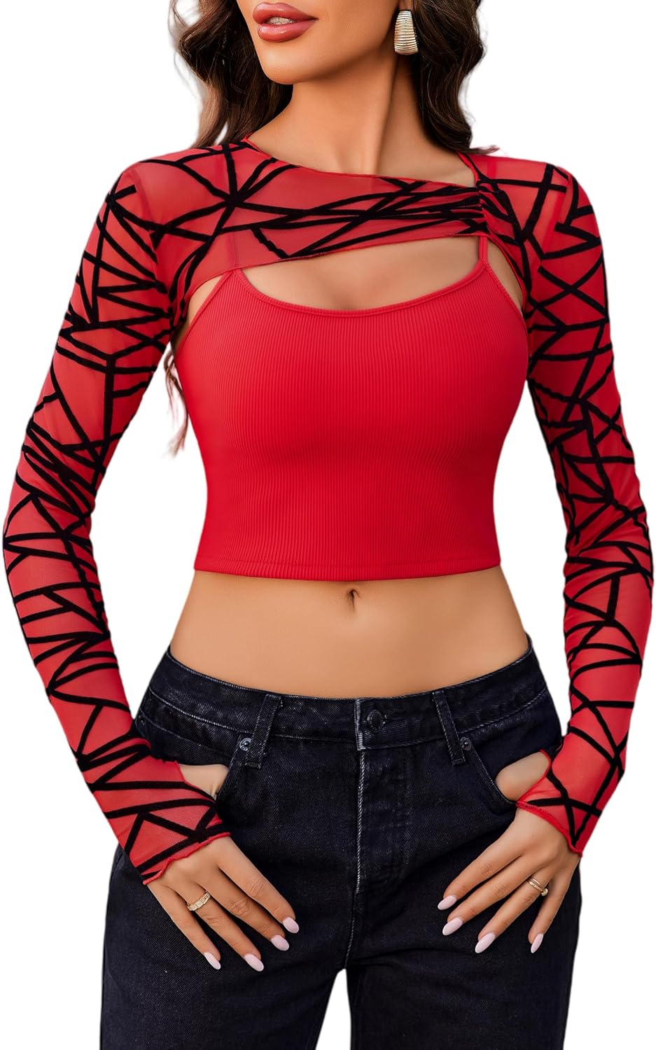 Avidlove Women Sexy Long Sleeve Mesh Crop Top Solid Cover Up with Spaghetti Strap Cami Top 2 Pieces Clubwear with Thumb Holes