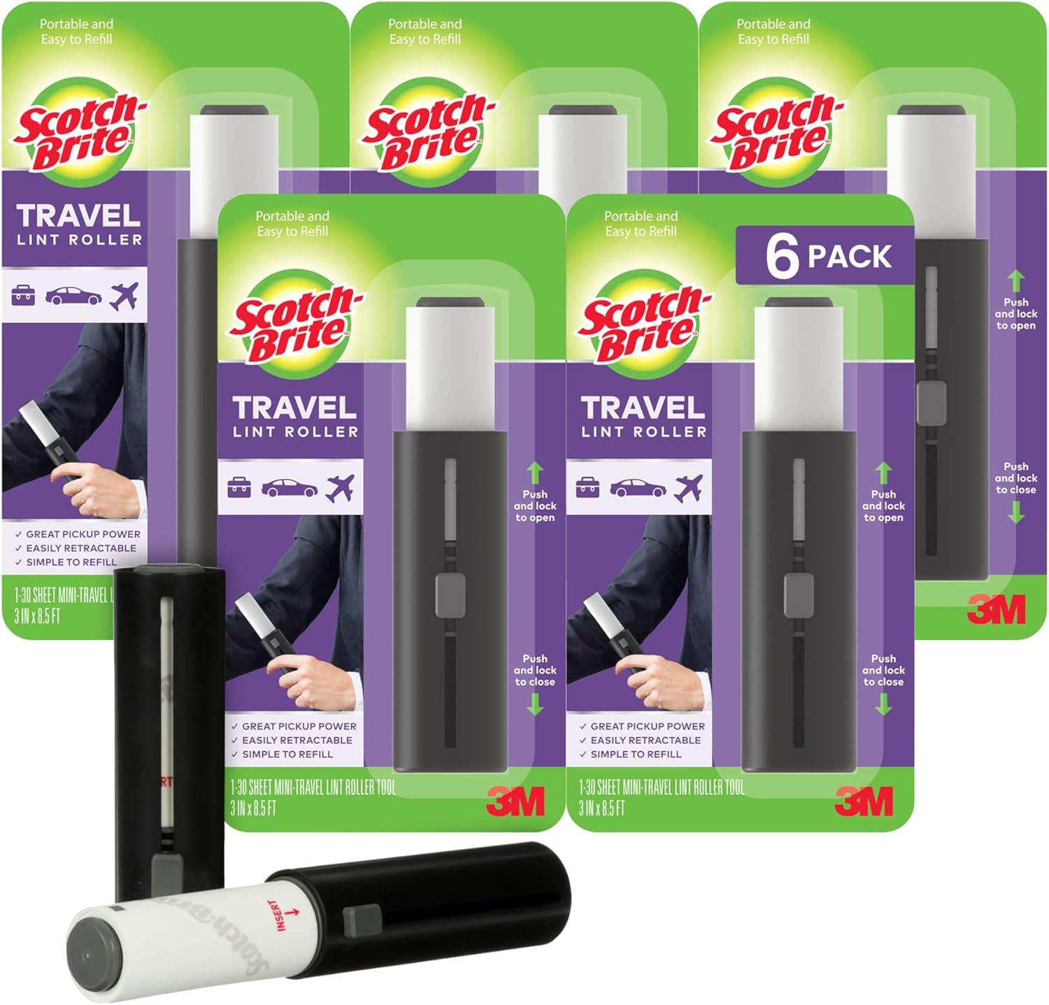 Scotch-Brite Mini Travel Lint Roller, Portable Retractable Lint Roller for Pet Hair for Your Purse, Luggage, or Car, Pick Up Crumbs, Hair, and Debris on the Go, 3 in. x 8.5 in., 6 Pack