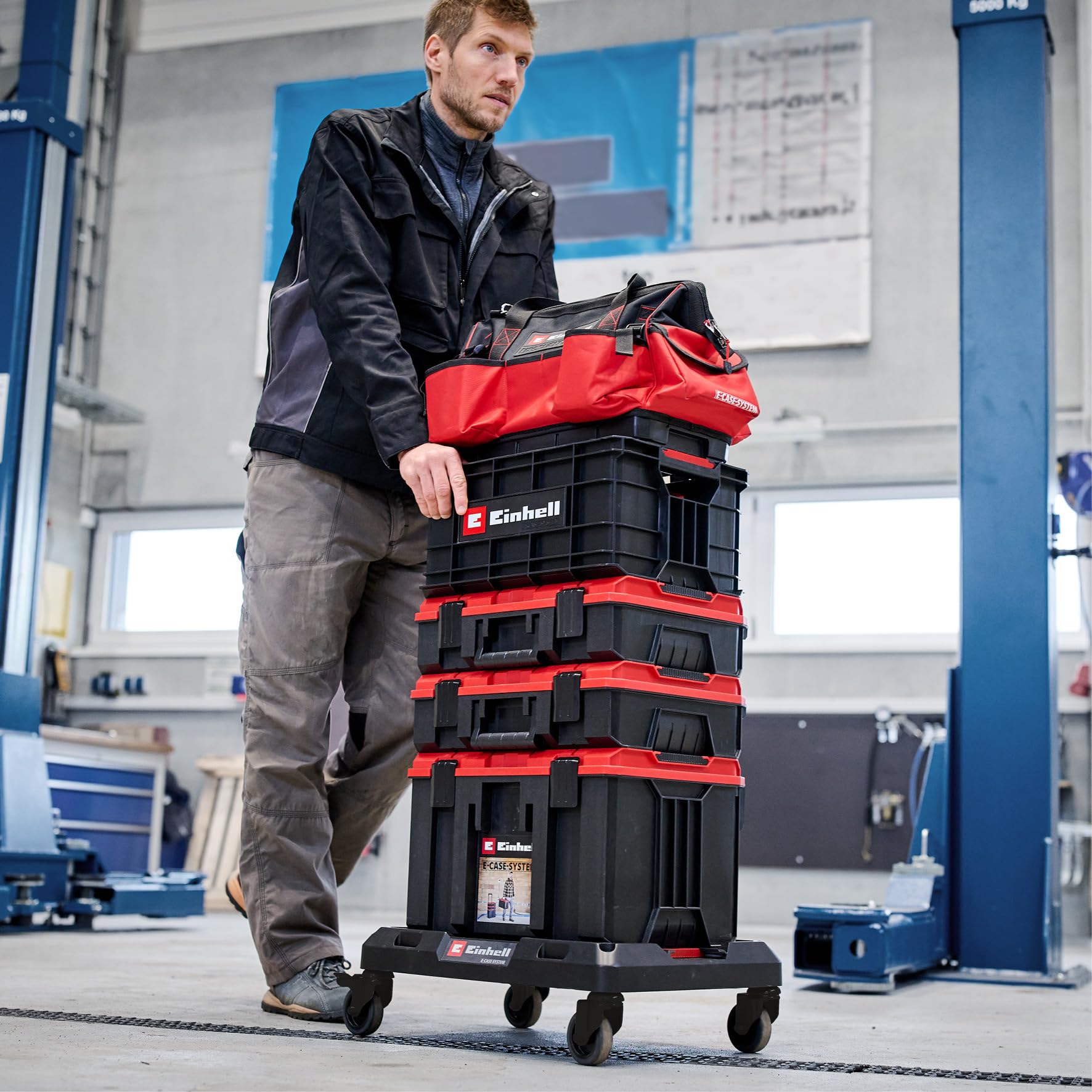 Soporte rodante E-Case Original Einhell (máx. 120 kg, ruedas giratorias bloqueables, combinables con sistema E-Case de Einhell, transporte de maletines y cajas, con fijación para correas de sujeción)