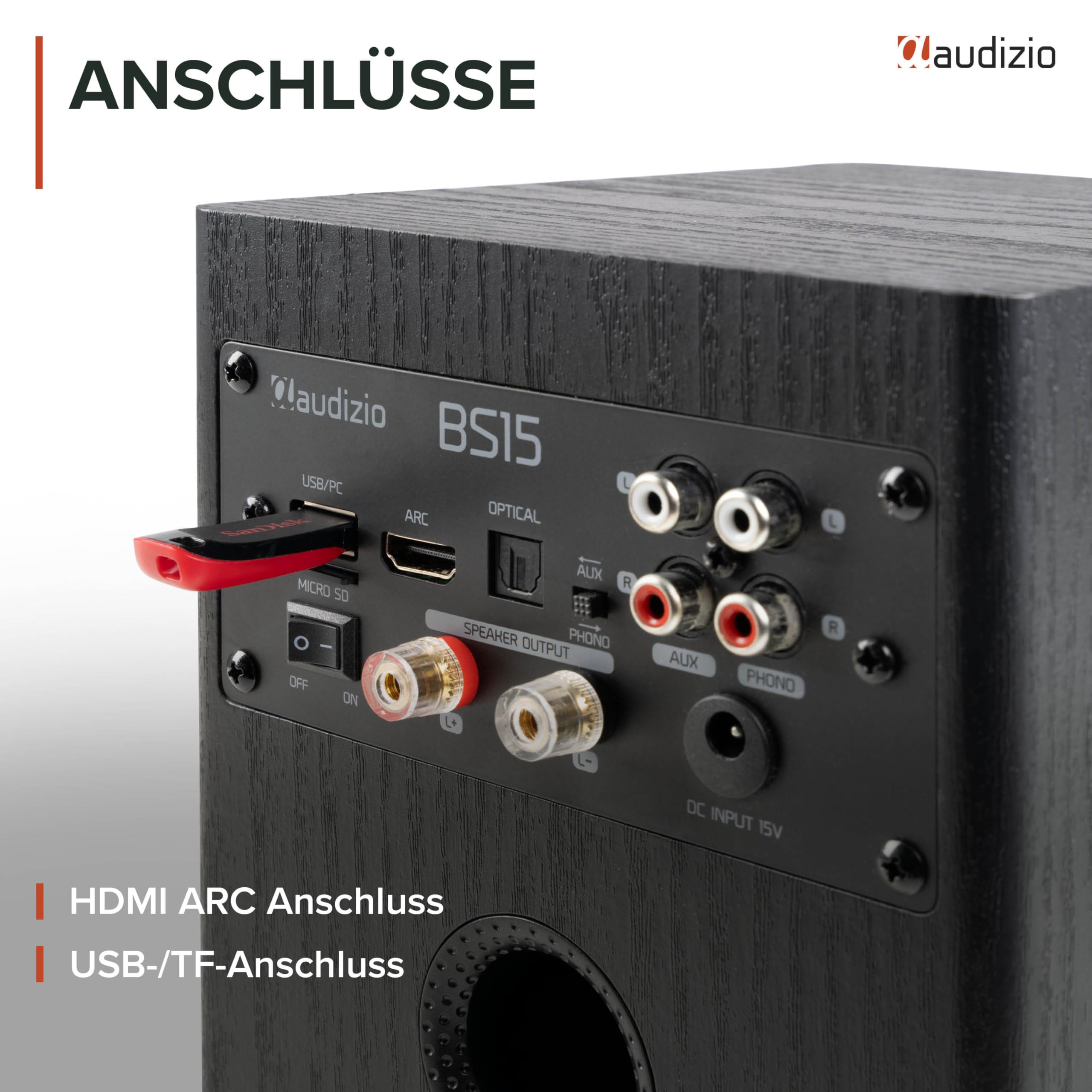 Audizio BS15 Aktivlautsprecher Boxen Paar - 60 Watt Bluetooth HiFi Lautsprecher Set mit HDMI ARC, Optical & RCA - Regal Lautsprecher, Studio Boxen für PC, TV & HiFi - Schwarz