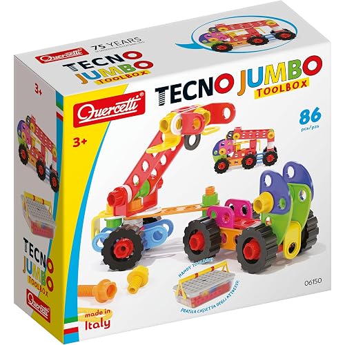 Quercetti - Tecno Jumbo Toolbox - 84 Piece Building Set with Storage Case, for Kids Ages 3 years +