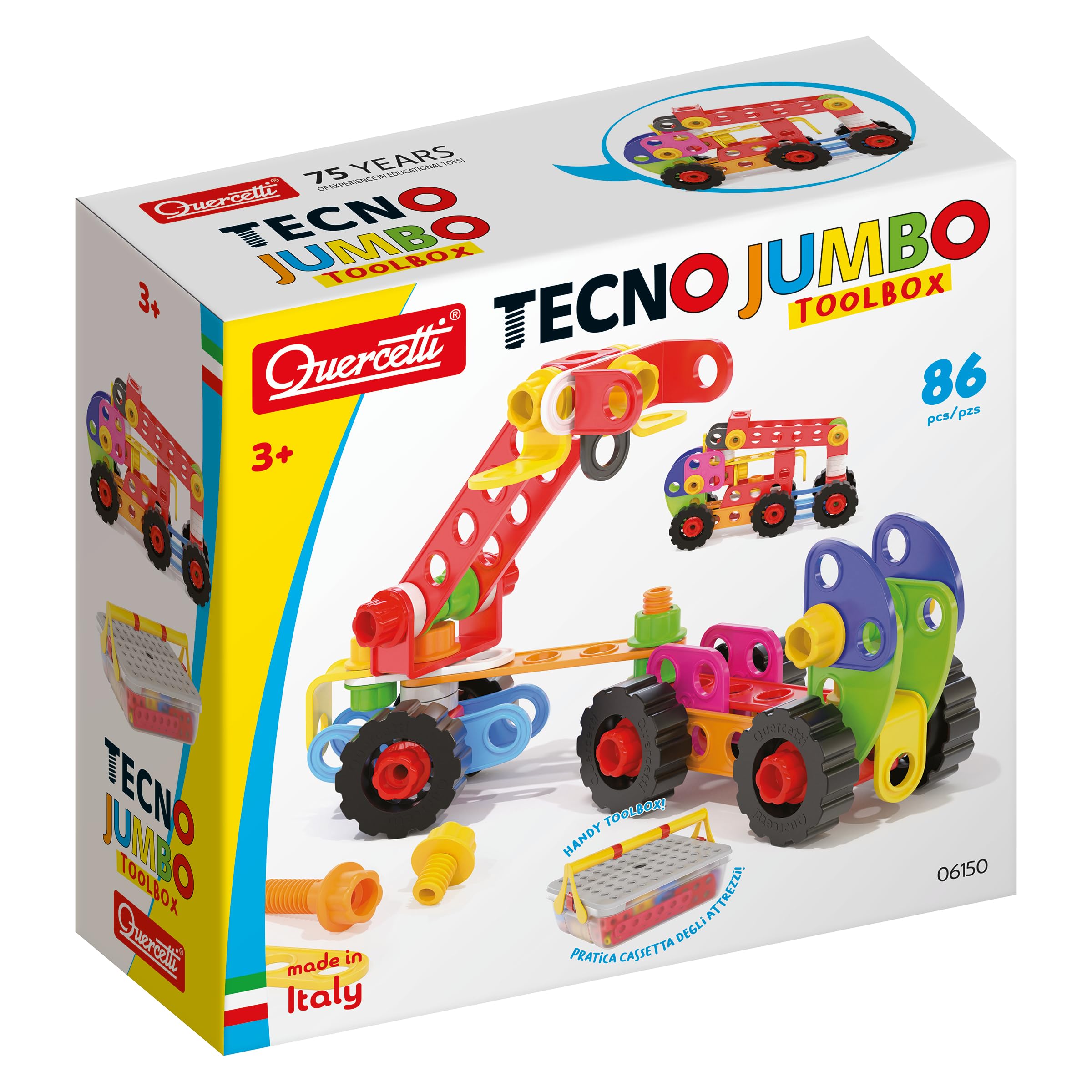 Quercetti Construction Box with Screws and Bolts, Build a world made of trucks, bulldozers, cranes, STEM Toy for Kids Ages 3-8 Years