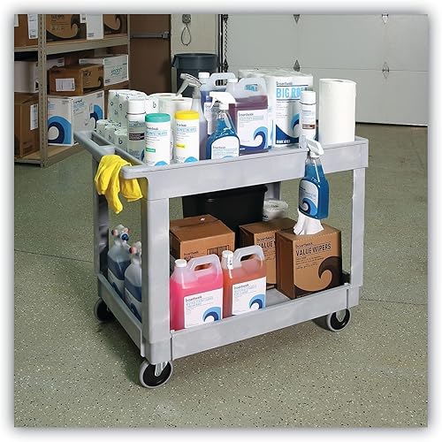 Miniatura 6 de Boardwalk 3485207 Carro utilitario de resina plástica con dos estantes de 24 pulg. x 40 pulg. x 35-12 pulg. - Gris