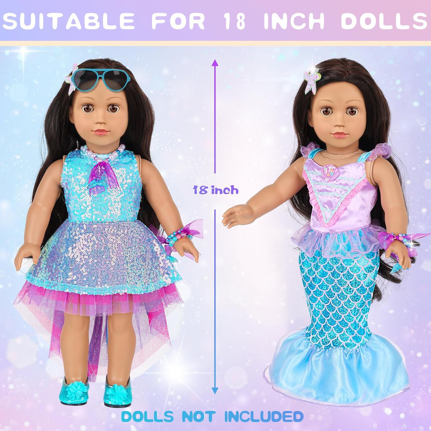 American 18 Inch Doll Makeup Accessories and Mermaid Clothes Set,Included 2 Pieces Clothes,Mermaid Messenger Bag,Starfish Hairpin,Lipstick,Necklace,Bracelet,Eye Shadow and Sticker(NO Doll and Shoes)