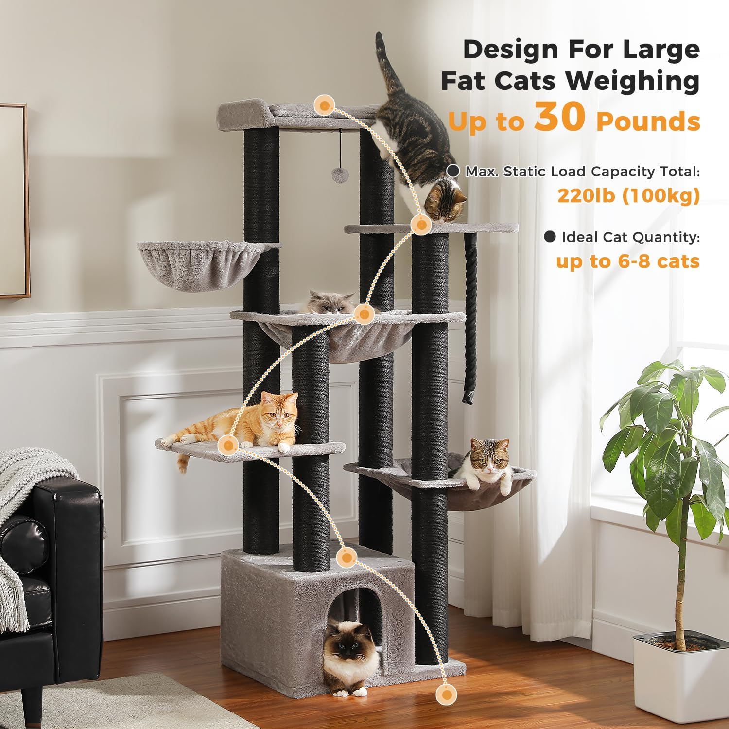 MUTTROS Large Cat Tree with 13 Thick Study Scratching Posts (φ4.3in)-67in Heavy Duty Cat Tower for Indoor Adult Cats with XXL Cat Condo, Super Big Perch & 3 Hammocks for Maine Coon 20 lbs -Gray