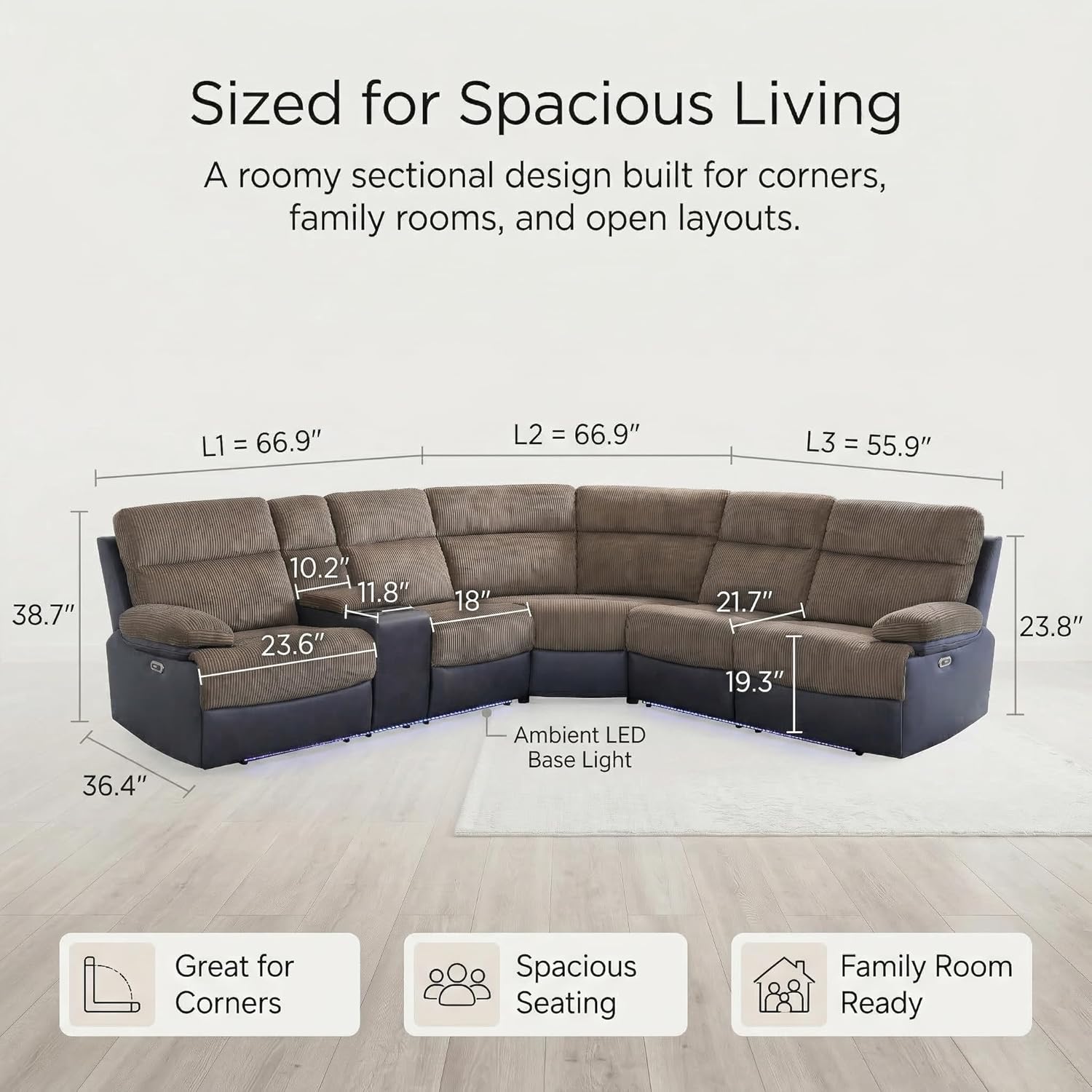 Power Reclining Sofa Set, Fabric Sectional Couch with LED Light,Living Room Furniture Sets, Modern Power Recliner Sofa with Storage Console for Living Room Home Office in Brown