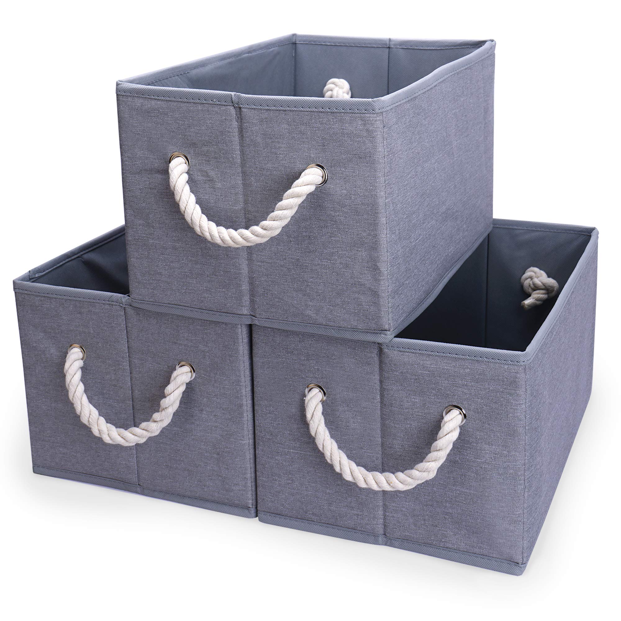 3 Closet Organizers and Storage Bins, Fabric Organizing Box Cubes, Decorative Baskets Collapsible and Foldable, Heavy Duty Toy Shelves for Kids, Gray