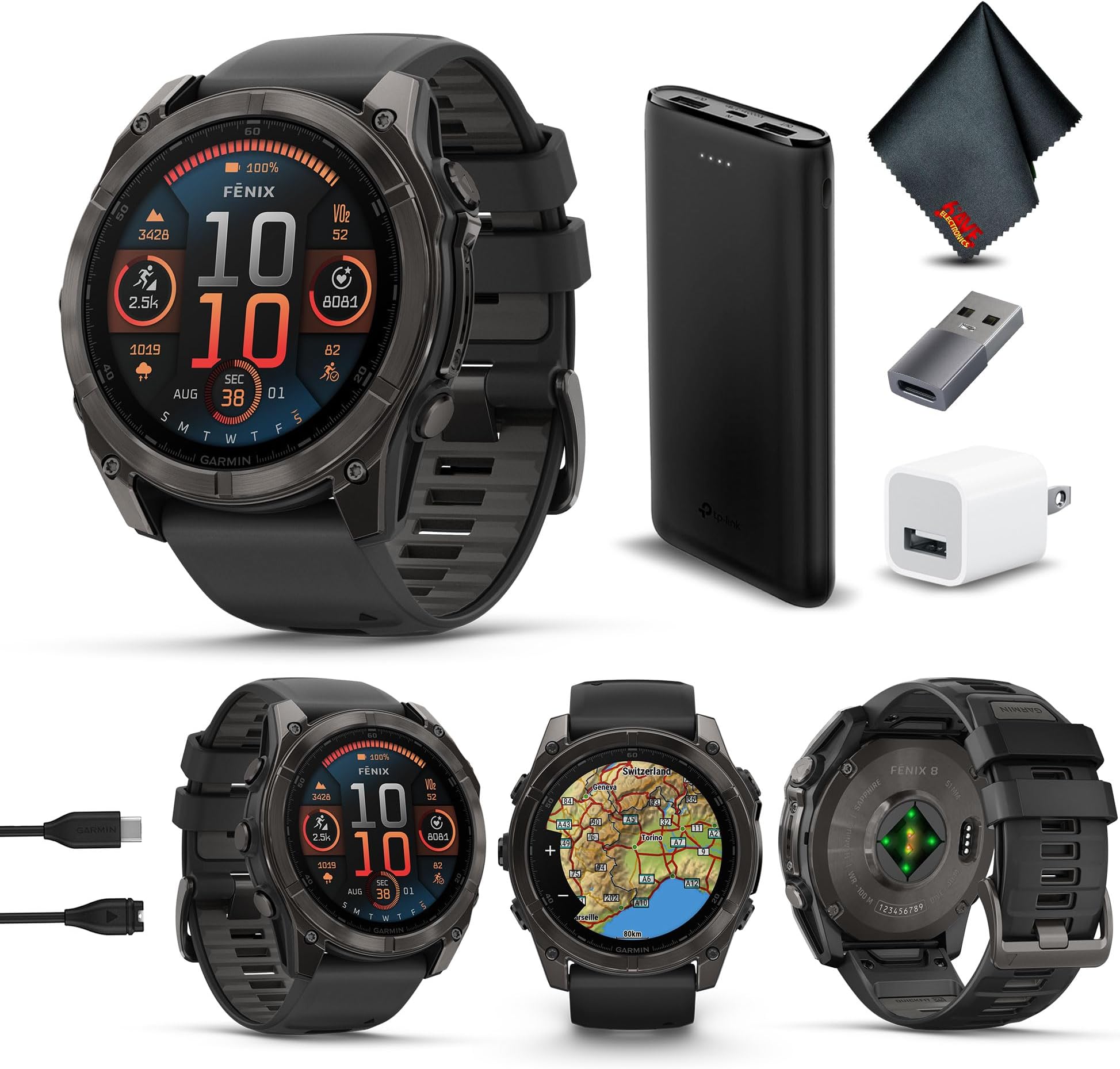 Fenix 8 51MM AMOLED Sapphire Premium Multisport GPS Smartwatch Carbon Gray DLC Titanium with Gray Silicone Band, Built-in LED Flashlight, Health & Fitness Smart Watch Bundle for Men & Women