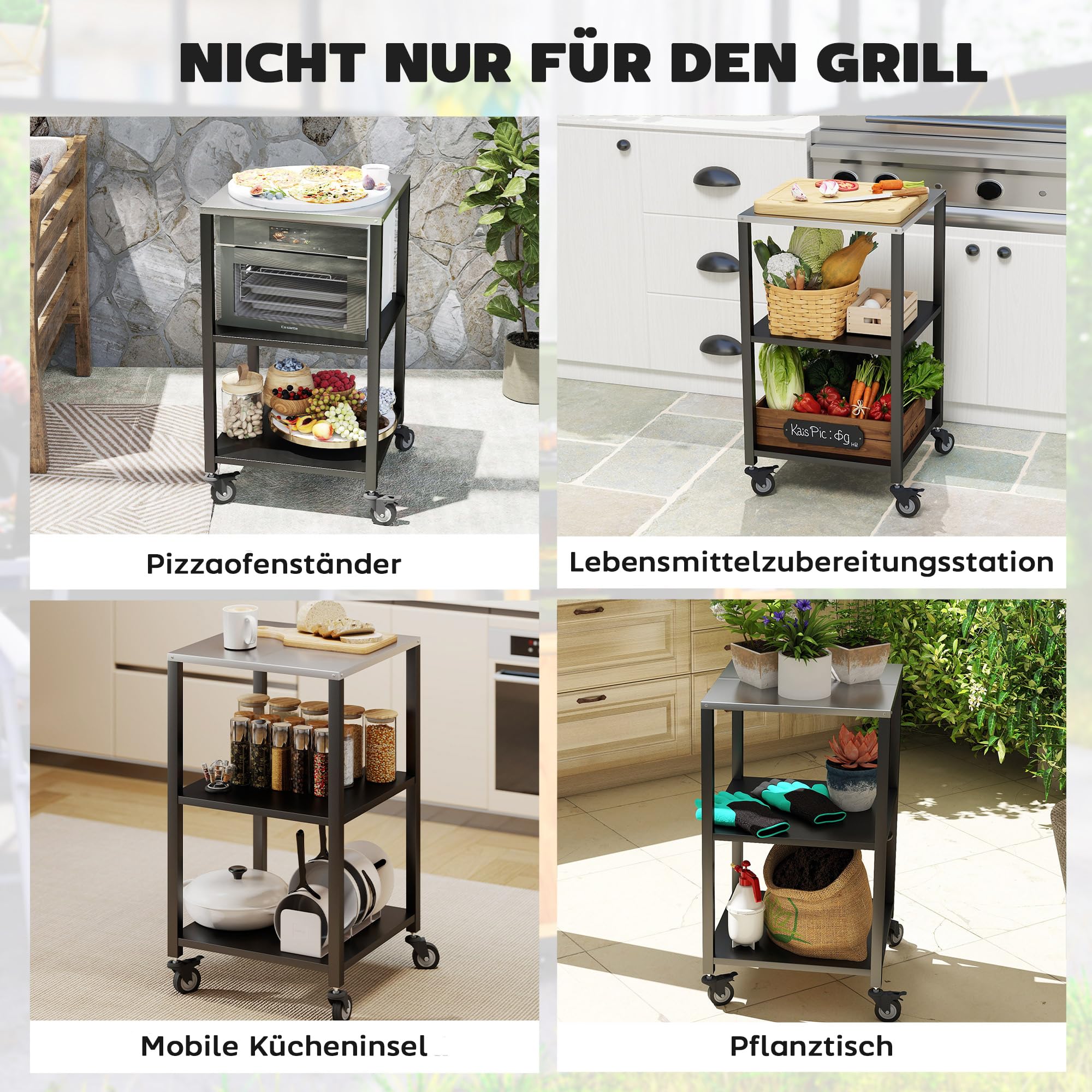 Outsunny Grillwagen 3-Etagen Grilltisch mit Edelstahl Arbeitsfläche Rollen mobiler Servierwagen Outdoor Beistelltisch Grill Trolley für BBQ 50 x 50 x 90 cm Schwarz