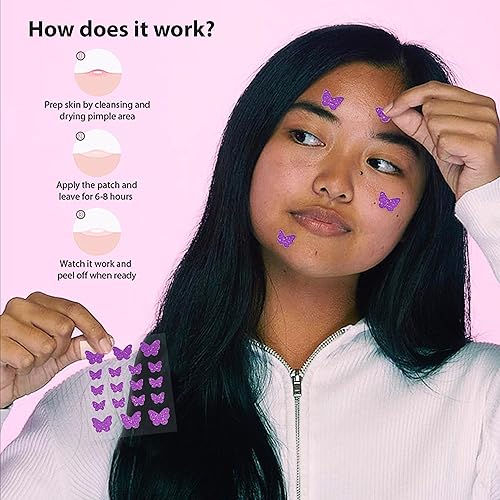 Miniatura 2 de Parches de espinillas para acné salicílico e hidrocoloide en forma de mariposa púrpura para granos e imperfecciones (18 unidades, 2 tamaños),