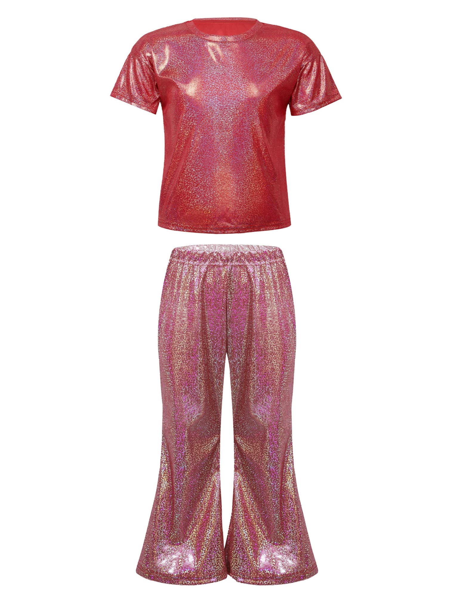 easyforever Girls Sparkly Metallic Short Sleeve T-Shirt with Flared Pants for Jazz Hip Hop Street Dance Performance Red 9-10 Years