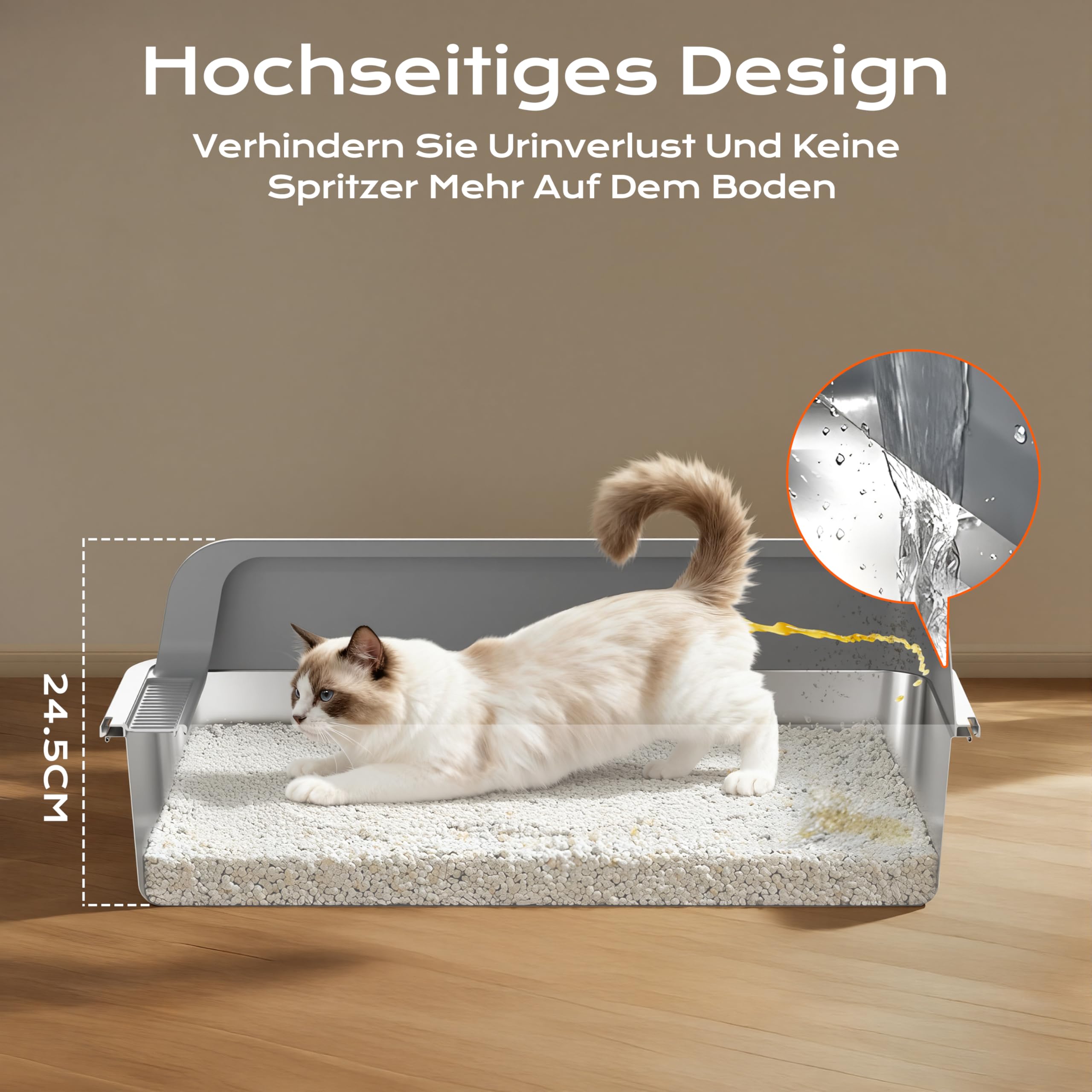 XXXL Katzenklo Edelstahl,70 * 50 * 25cm, Extra Große Metall Katze Müll Box für große, Multi Katzen, Katzentoilette Edelstahl, Anti-Leckage, Metallpfanne, Leicht zu Reinigen, Langlebig