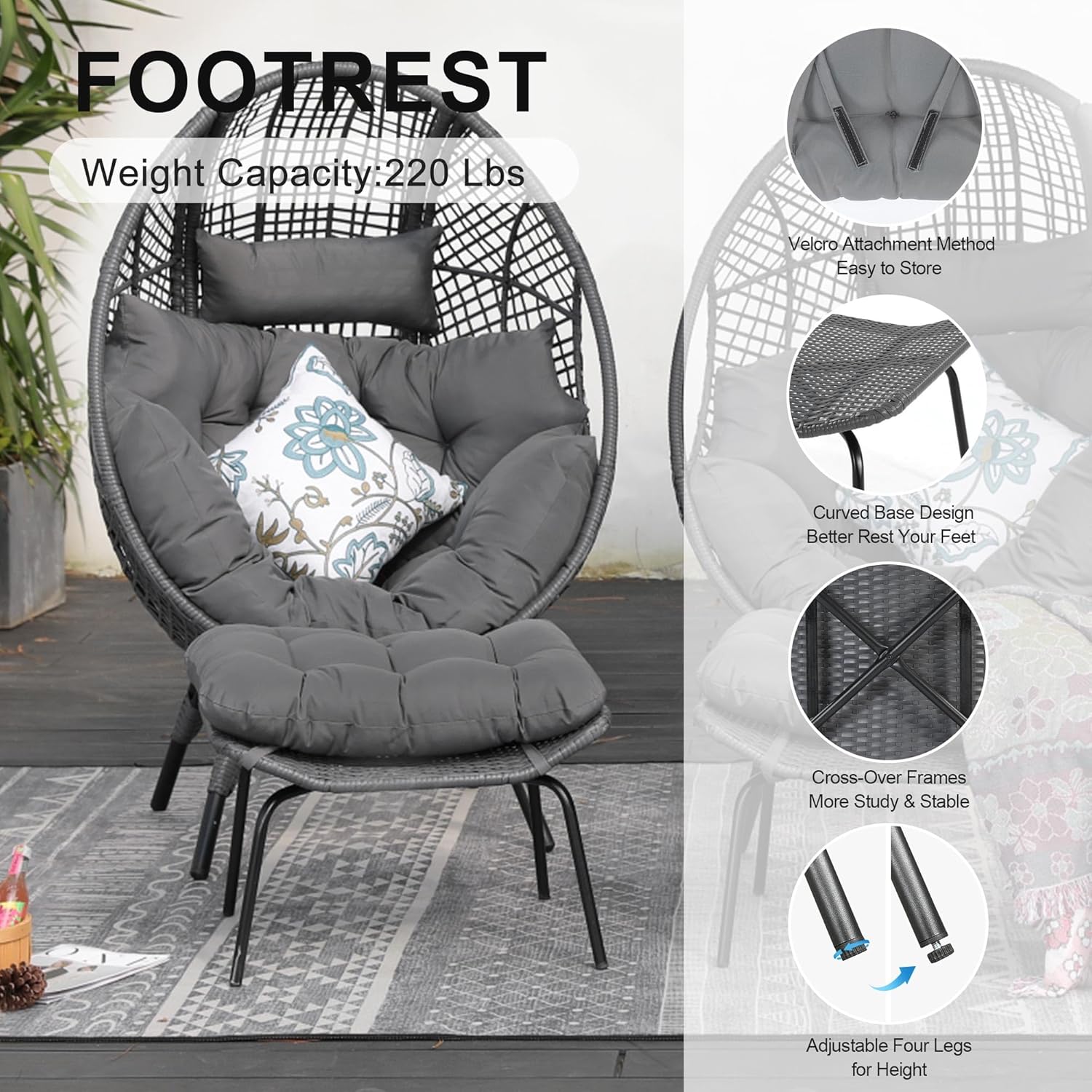 FINCATI 2 Person Delicated Outdoor Indoor Wicker Egg Chair with Footrest, Oversized 440 lbs Egg Basket Cocoon Chair with Ottoman Set of 2, PE Rattan Patio Stationary Cushioned Lounge Loveseat