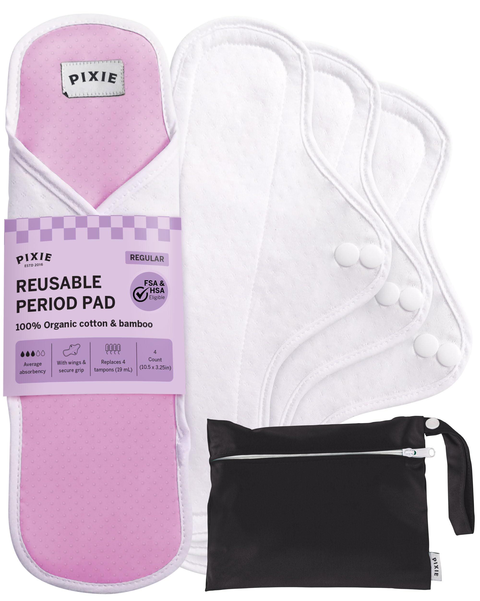 Pixie Cotton Cloth Pads for Feminine Care - 100% Organic Reusable Pads - Ranked 1 for Softest Menstrual Sanitary Napkins - Machine Washable &amp; Includes Free Wet Bag - Menstrual Liner (Regular)