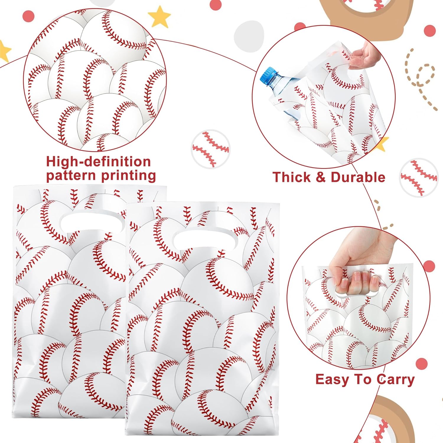 peony man 50 PCS Baseball Plastic Gift Bags Baseball Party Favor Bag with Handle Baseballs Treat Candy Bags for Sport Themed Goodie Bag Sports Team Birthday Party Home Candy Cookie Snack Supplies - Image 3