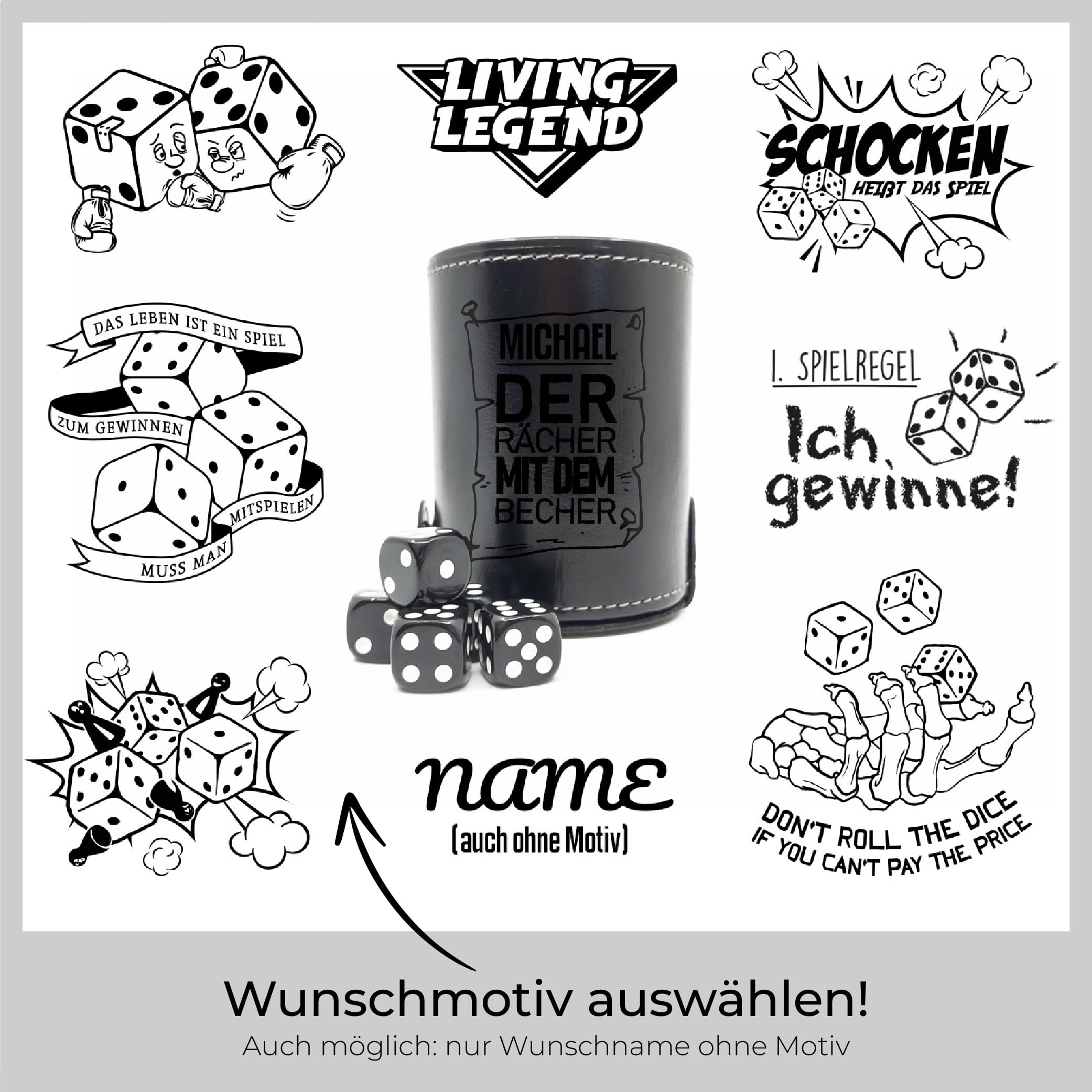 Schwarzer Würfelbecher Leder mit Gravur | Personalisiert mit Motiv & Name | Individuelles Knobelbecher Set mit Würfelfach & Würfeln